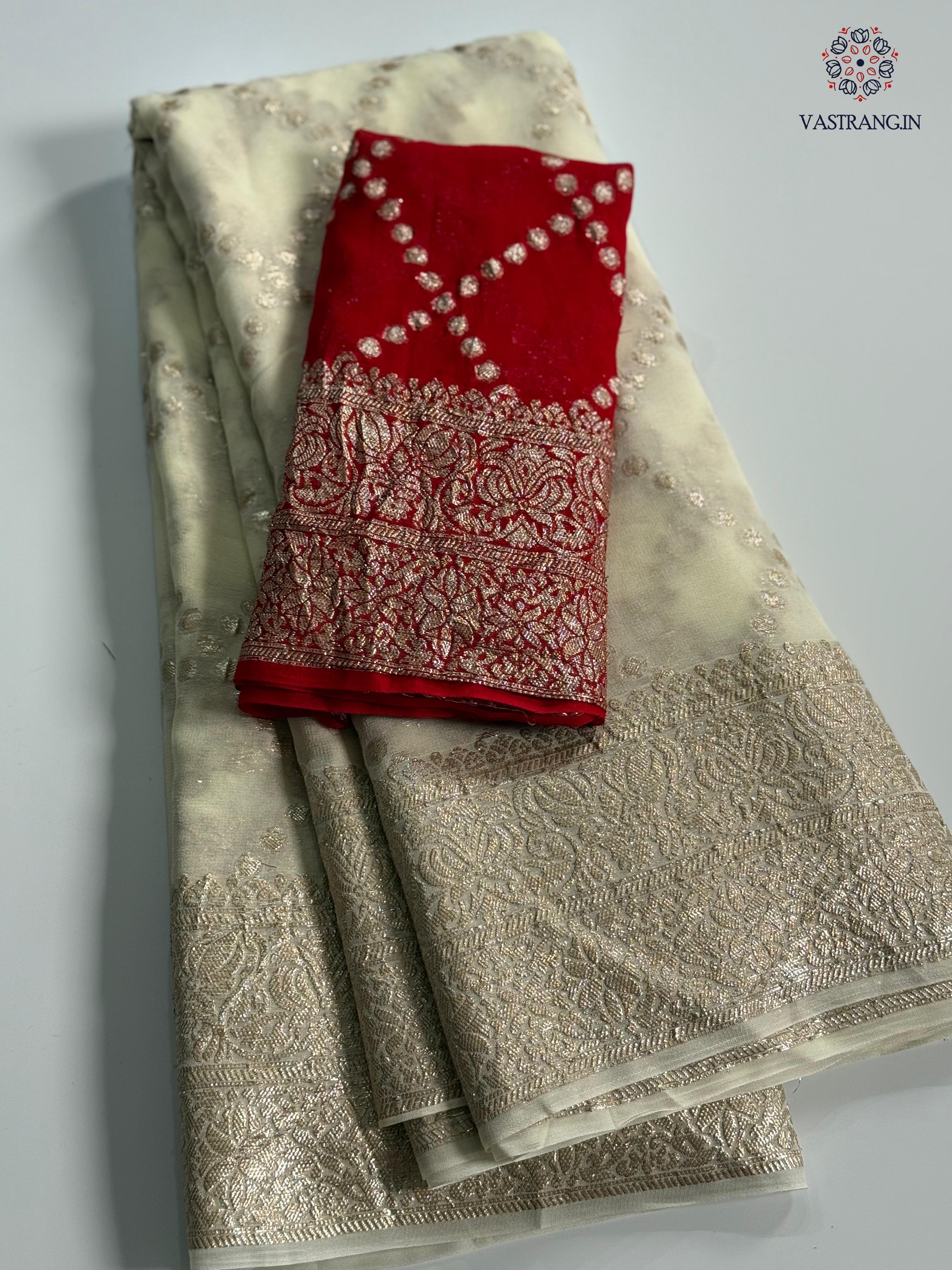 Blossom Party Wear White Colour Viscose Georgette Jacquard Zari Work Big Border Fancy Designer Saree With Contrast Blouse