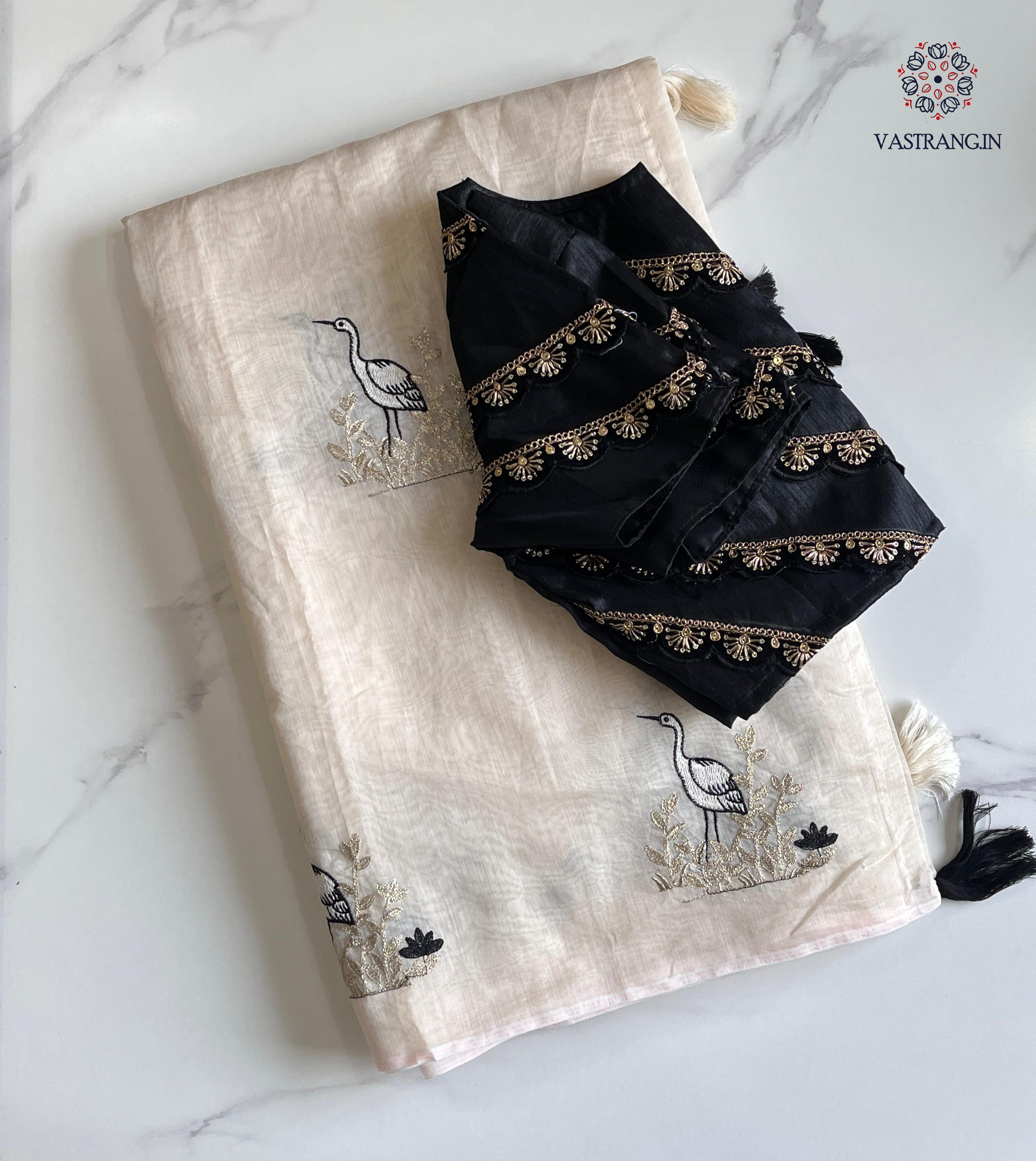 Gorgeous Party Wear Off White Colour Chanderi Cotton Embroidery n Tussels Work Fancy Designer Saree With Stitched Blouse