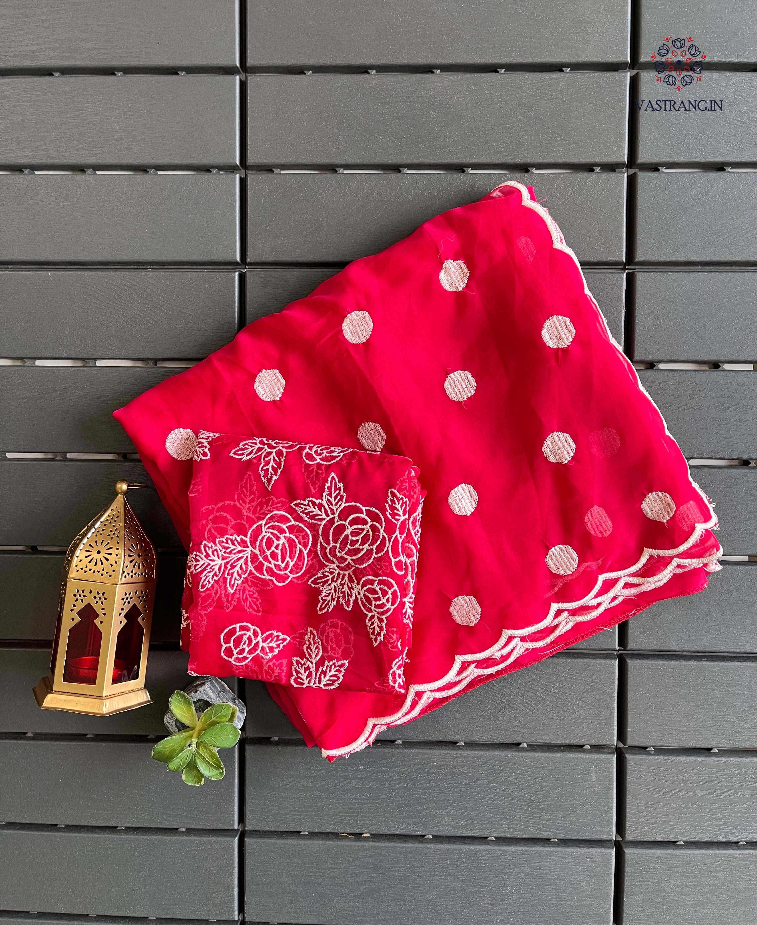 Charming Party Wear Tabi Silk Embroidery Work N Polka Butties Saree With Blouse For Wedding