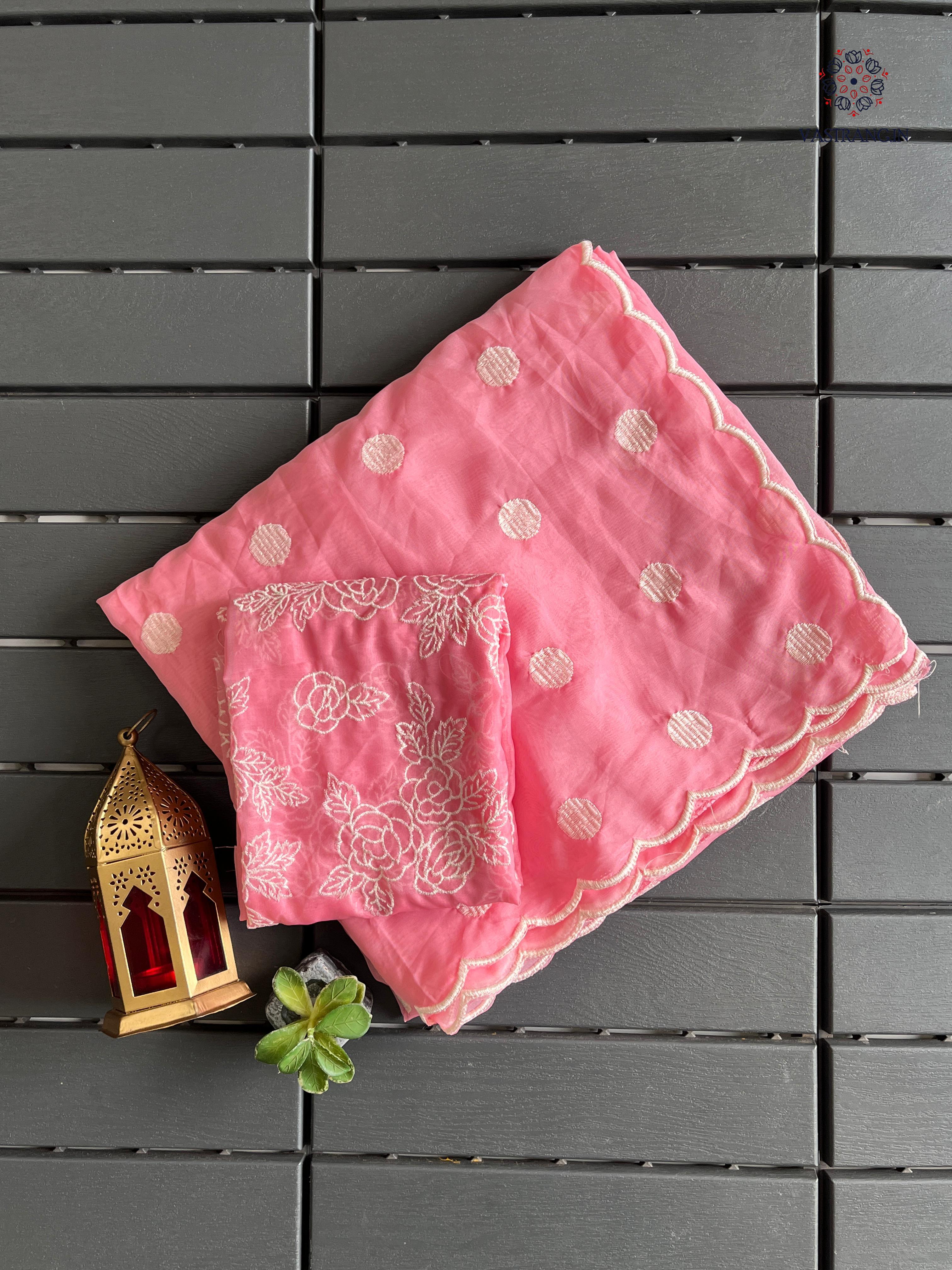 Charming Party Wear Tabi Silk Embroidery Work N Polka Butties Saree With Blouse For Wedding