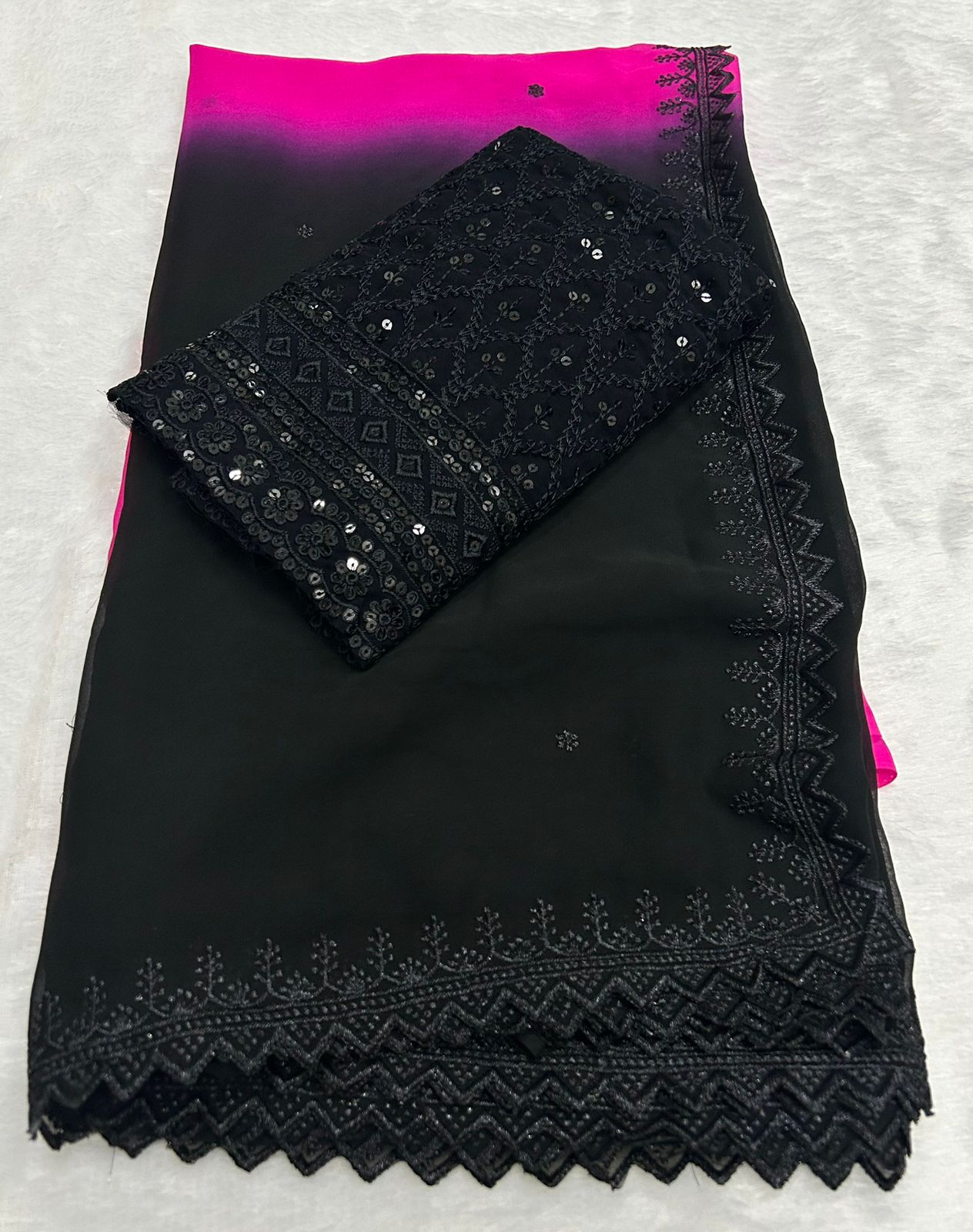 Gorgeous Chiffon Black n Pink Pedding Color Sequence n Cut Work Fancy Designer Saree With Blouse Piece