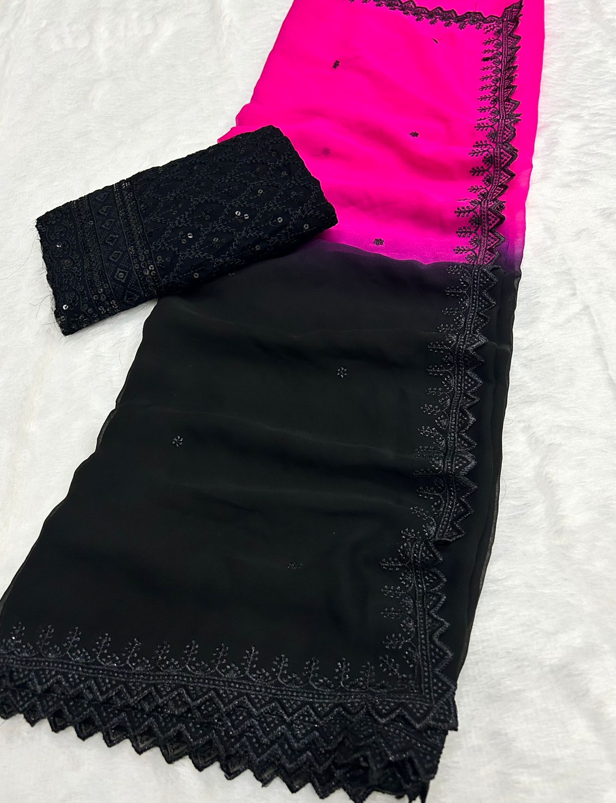 Gorgeous Chiffon Black n Pink Pedding Color Sequence n Cut Work Fancy Designer Saree With Blouse Piece