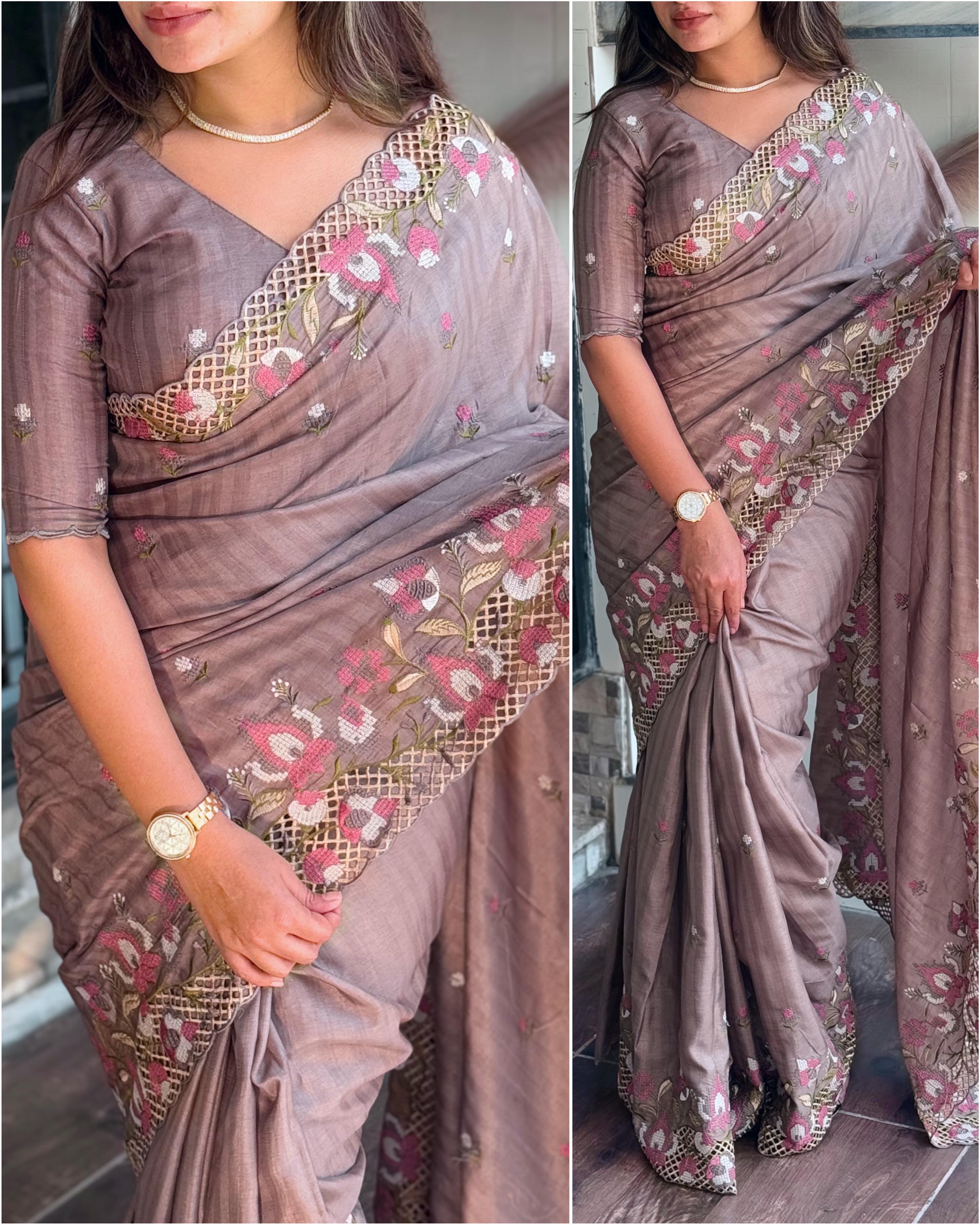 New Wedding wear Slub Silk Emboridred n Cut Work Fancy Designer Saree