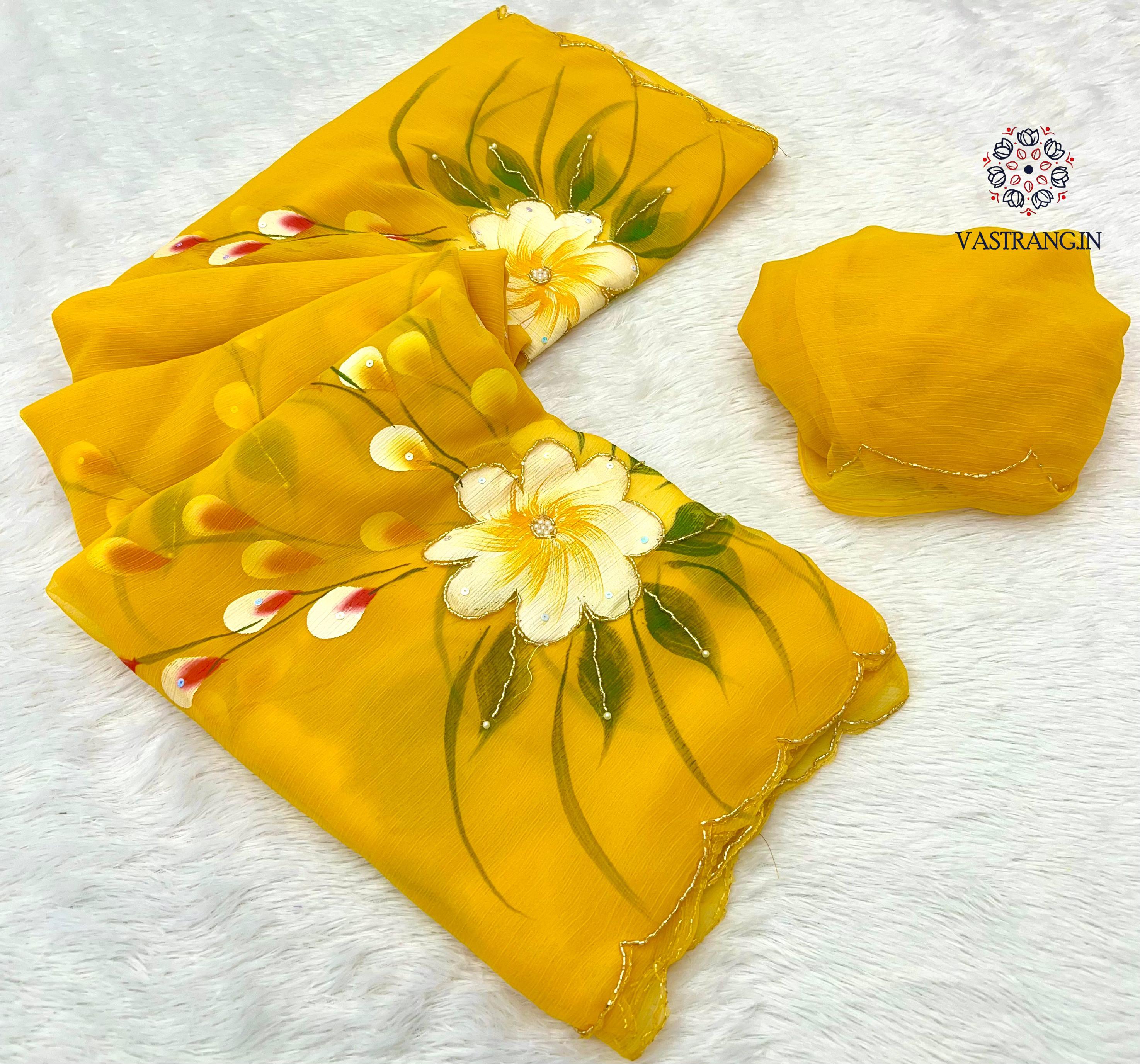 New Wedding Wear Yellow Color Soft Chiffon Handbrush Print n Handwork Fancy Designer Saree With Blouse