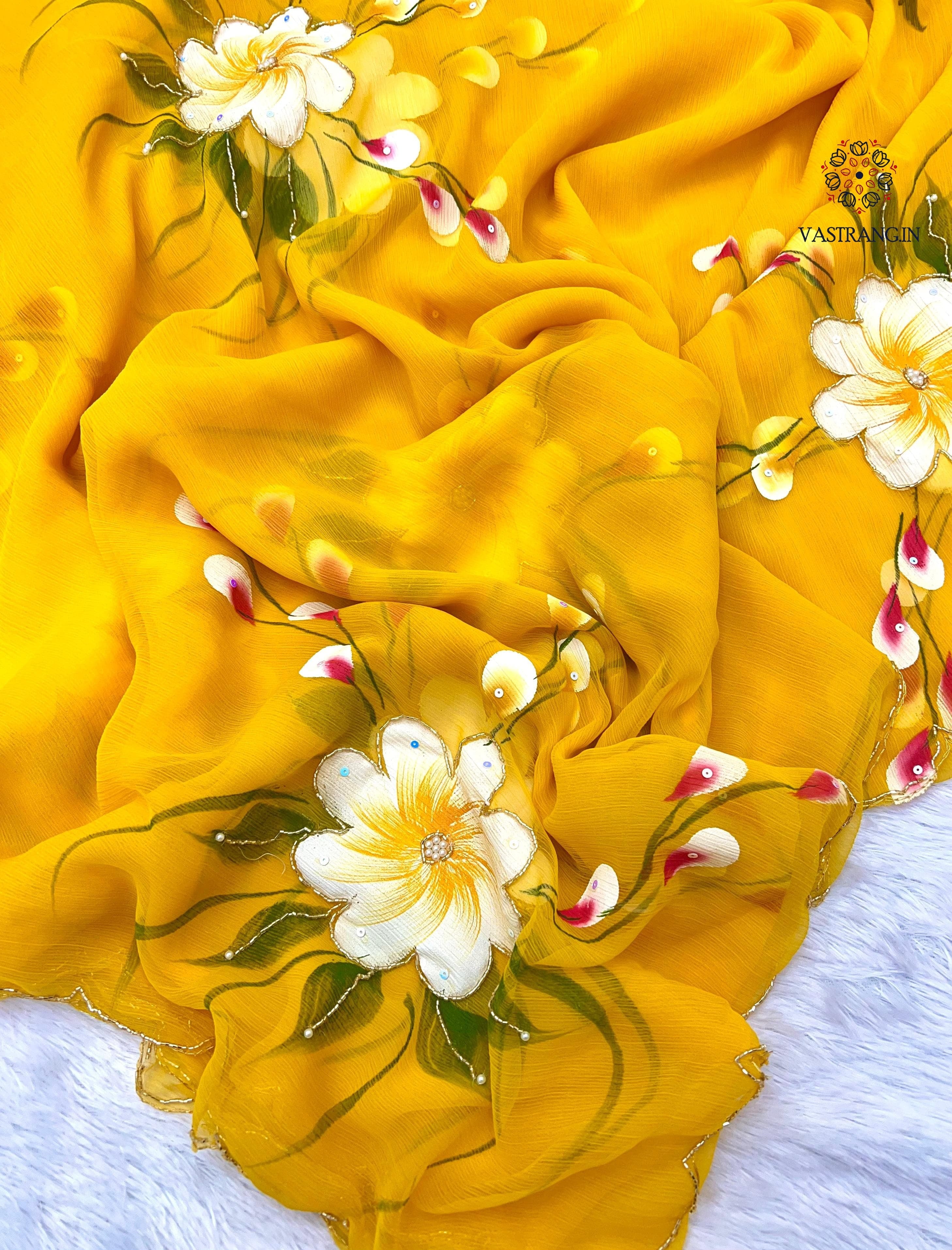 New Wedding Wear Yellow Color Soft Chiffon Handbrush Print n Handwork Fancy Designer Saree With Blouse