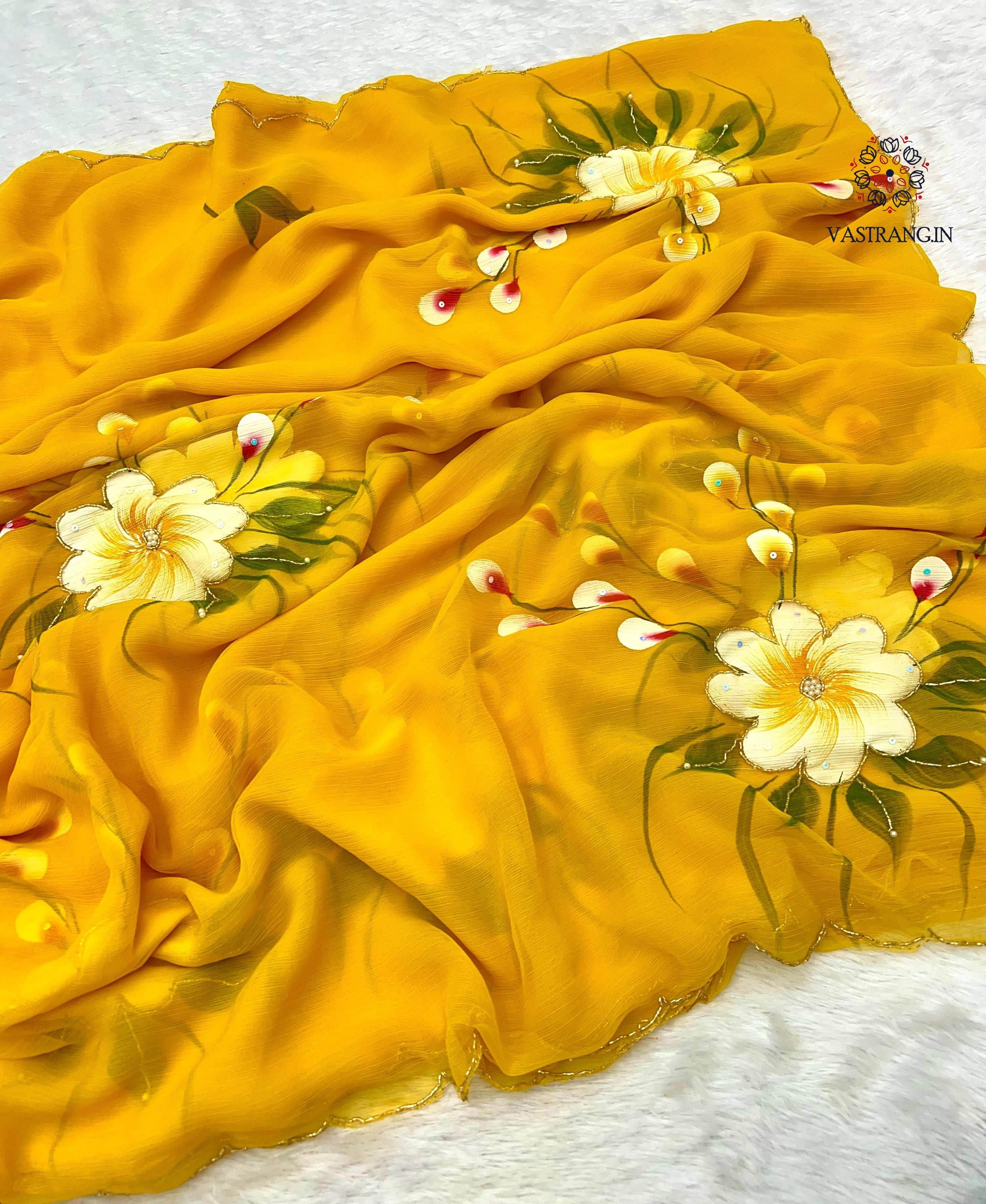 New Wedding Wear Yellow Color Soft Chiffon Handbrush Print n Handwork Fancy Designer Saree With Blouse