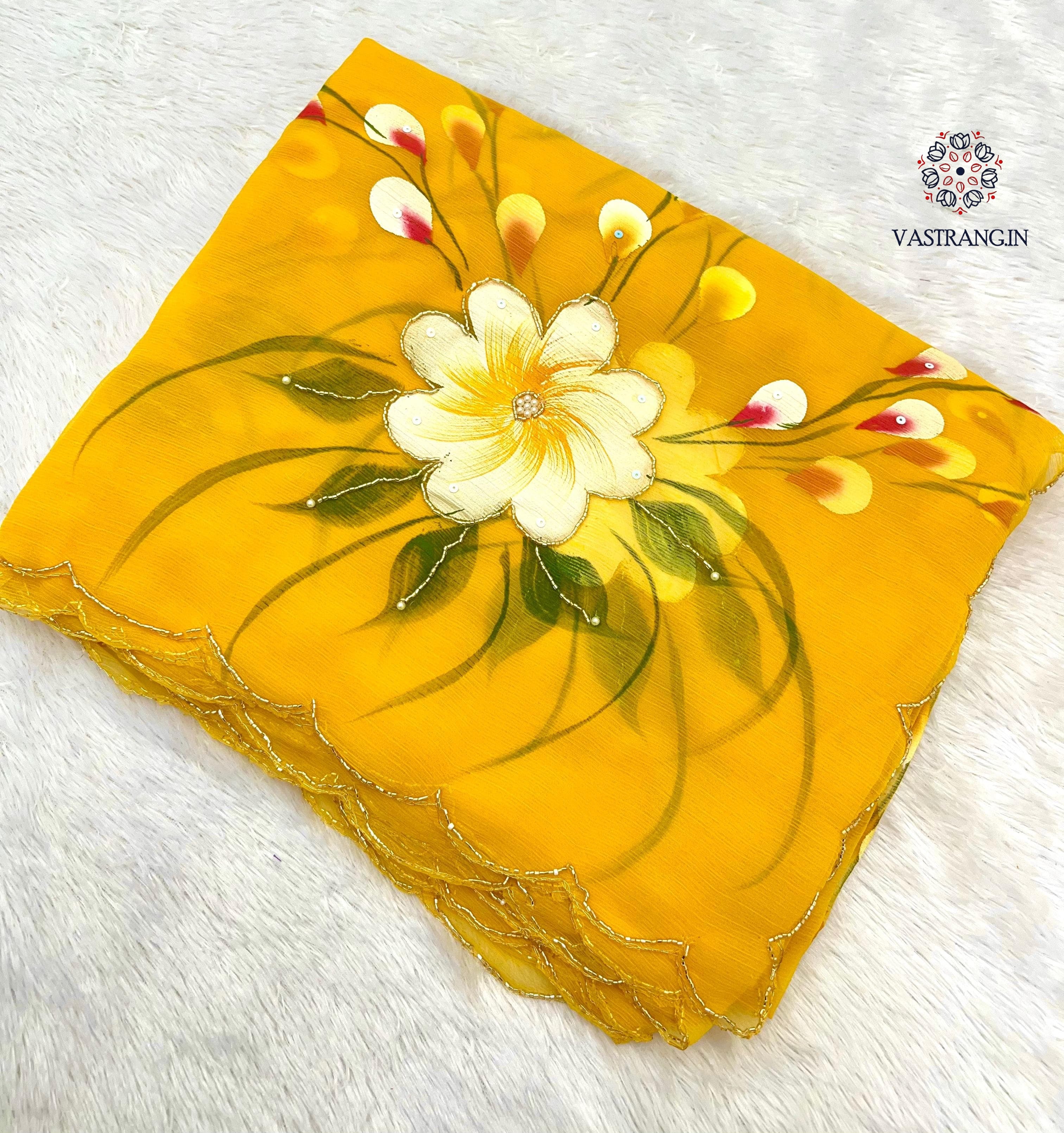 New Wedding Wear Yellow Color Soft Chiffon Handbrush Print n Handwork Fancy Designer Saree With Blouse