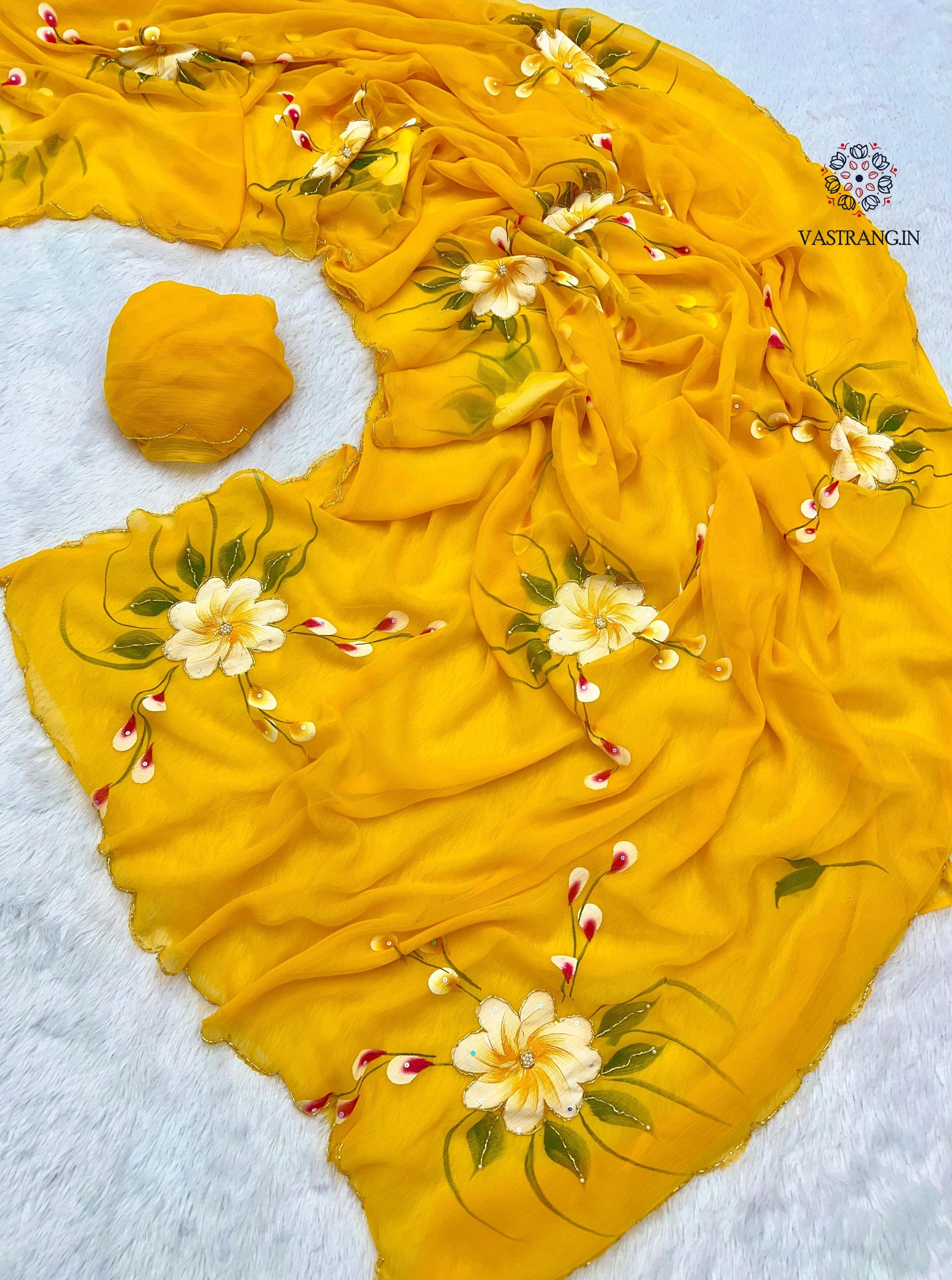 New Wedding Wear Yellow Color Soft Chiffon Handbrush Print n Handwork Fancy Designer Saree With Blouse