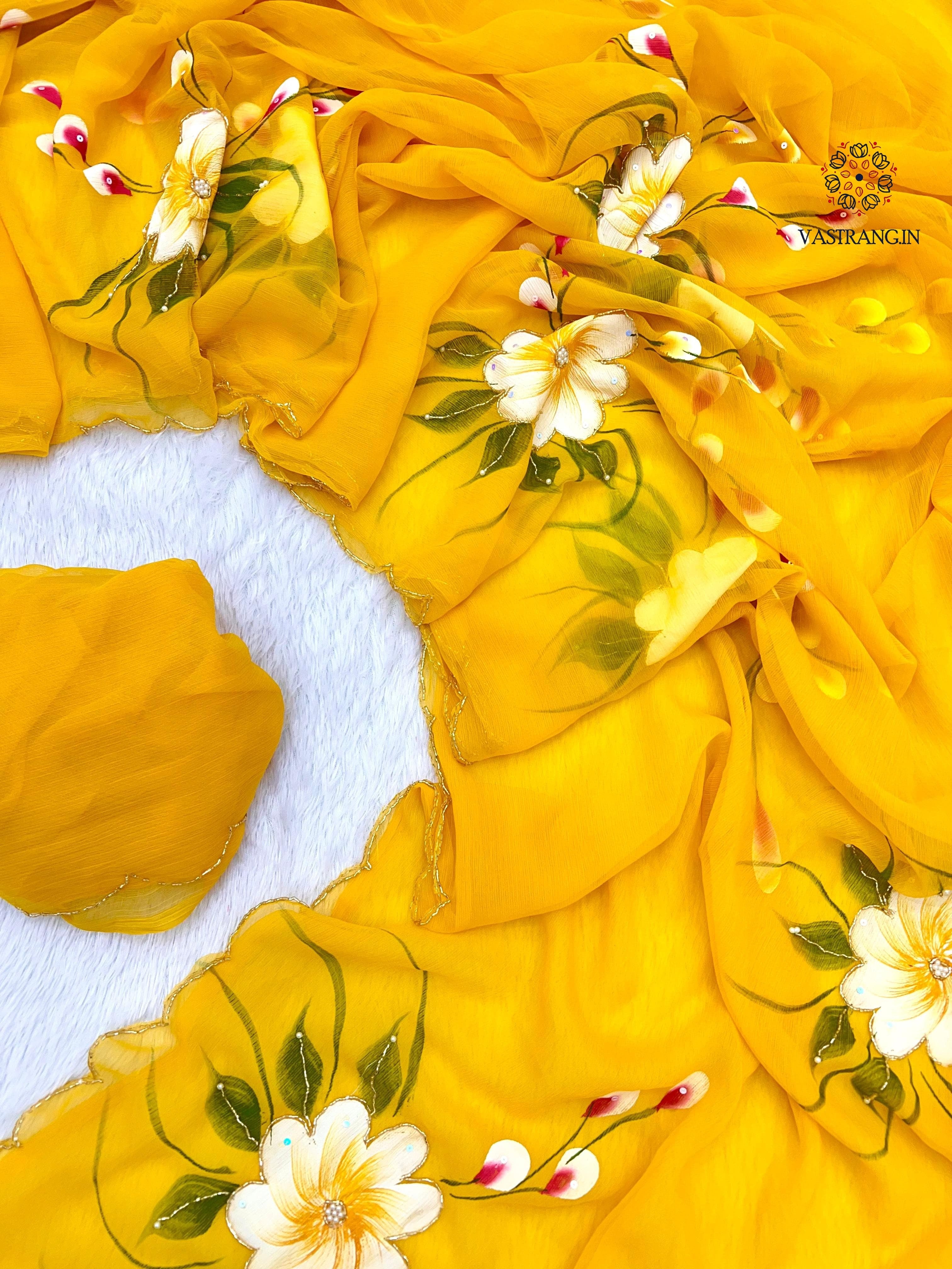 New Wedding Wear Yellow Color Soft Chiffon Handbrush Print n Handwork Fancy Designer Saree With Blouse