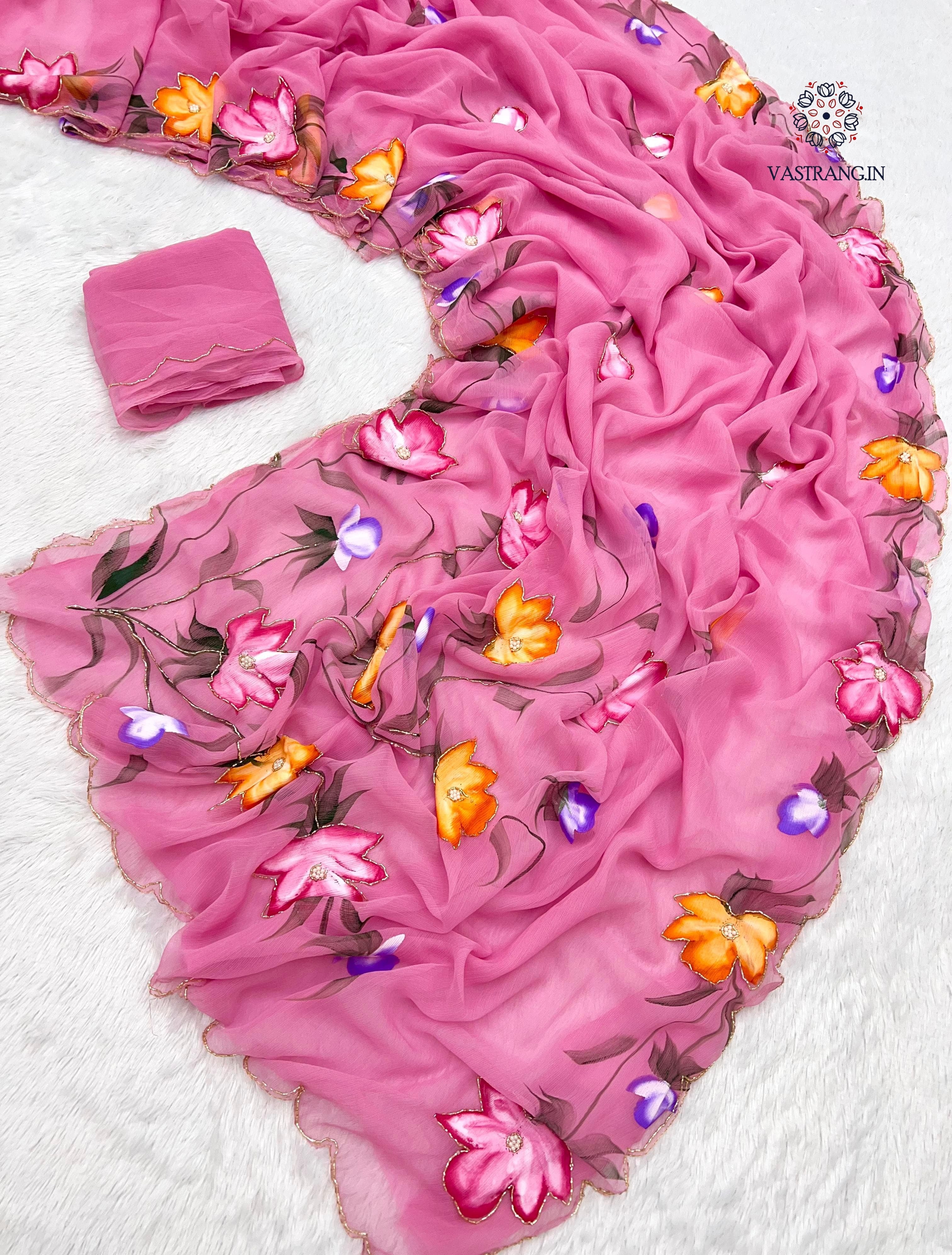 New Wedding Wear Soft Chiffon Handbrush Print n Handwork Fancy Designer Saree With Blouse