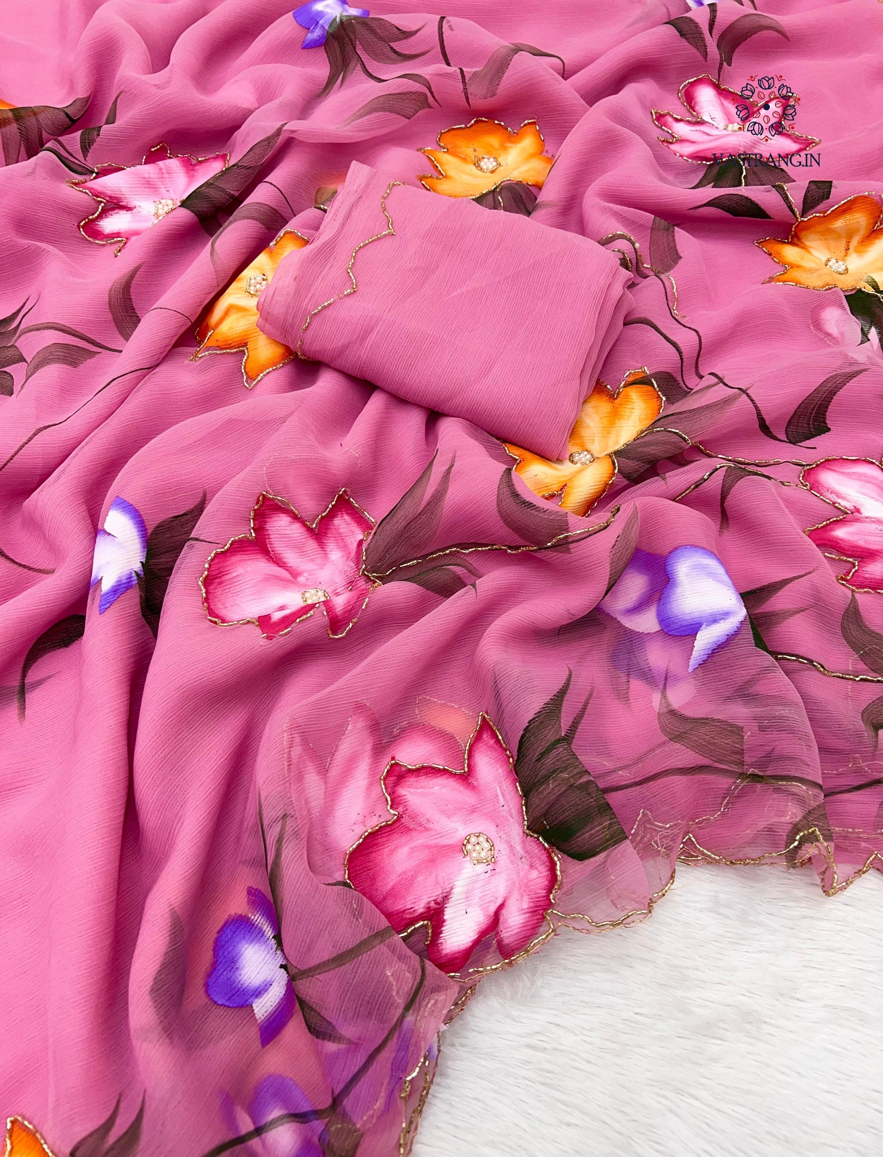 New Wedding Wear Soft Chiffon Handbrush Print n Handwork Fancy Designer Saree With Blouse