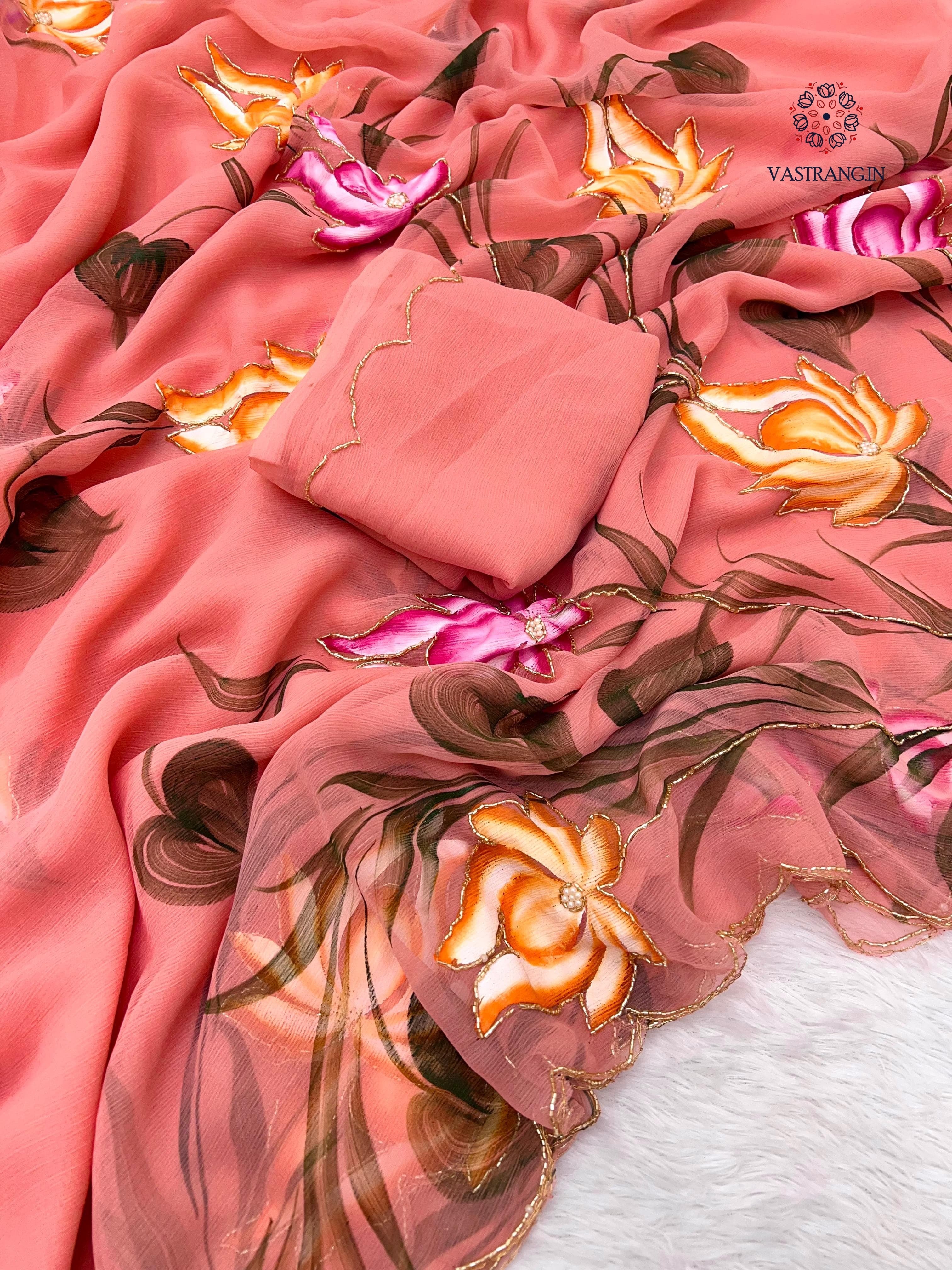 New Wedding Wear Soft Chiffon Handbrush Print n Handwork Fancy Designer Saree With Blouse