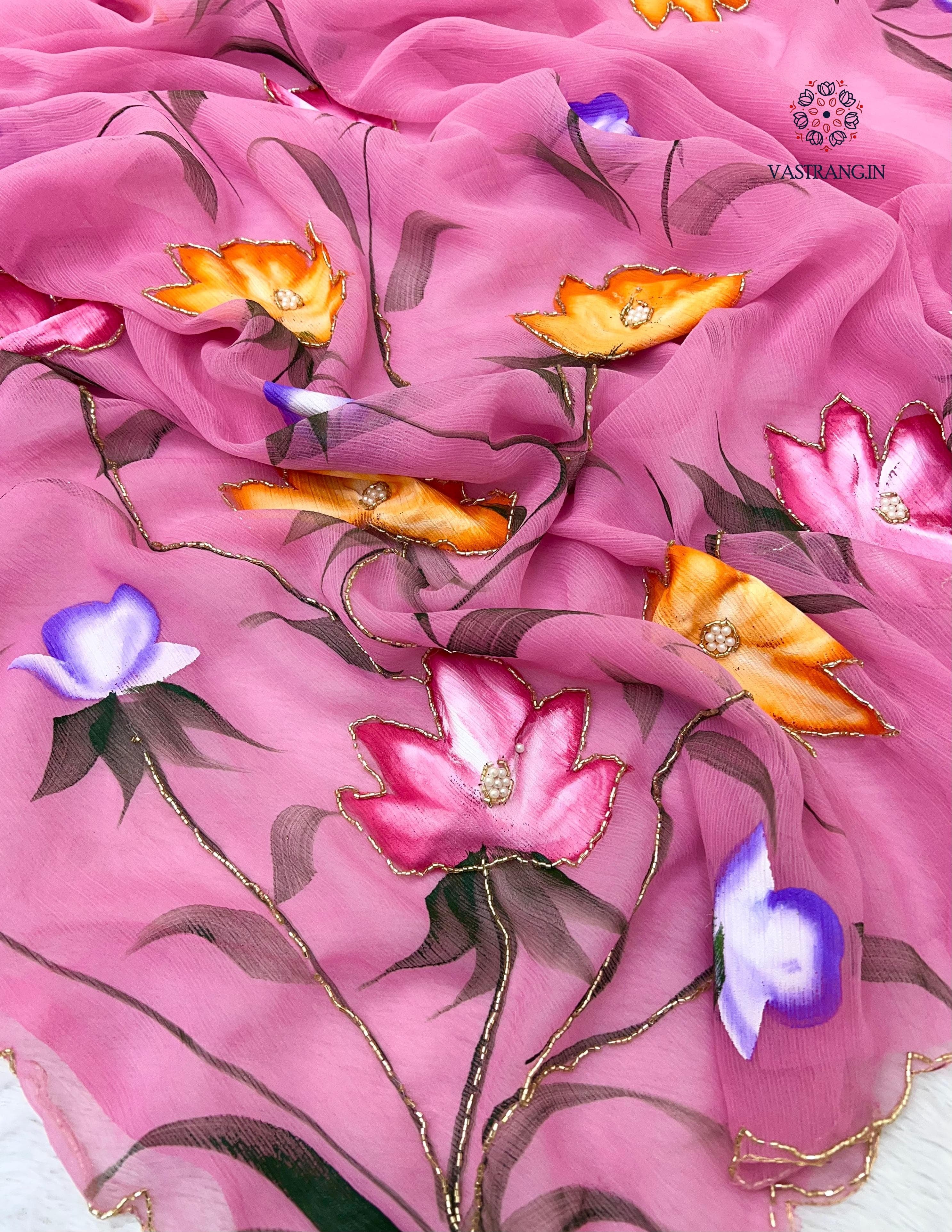 New Wedding Wear Soft Chiffon Handbrush Print n Handwork Fancy Designer Saree With Blouse