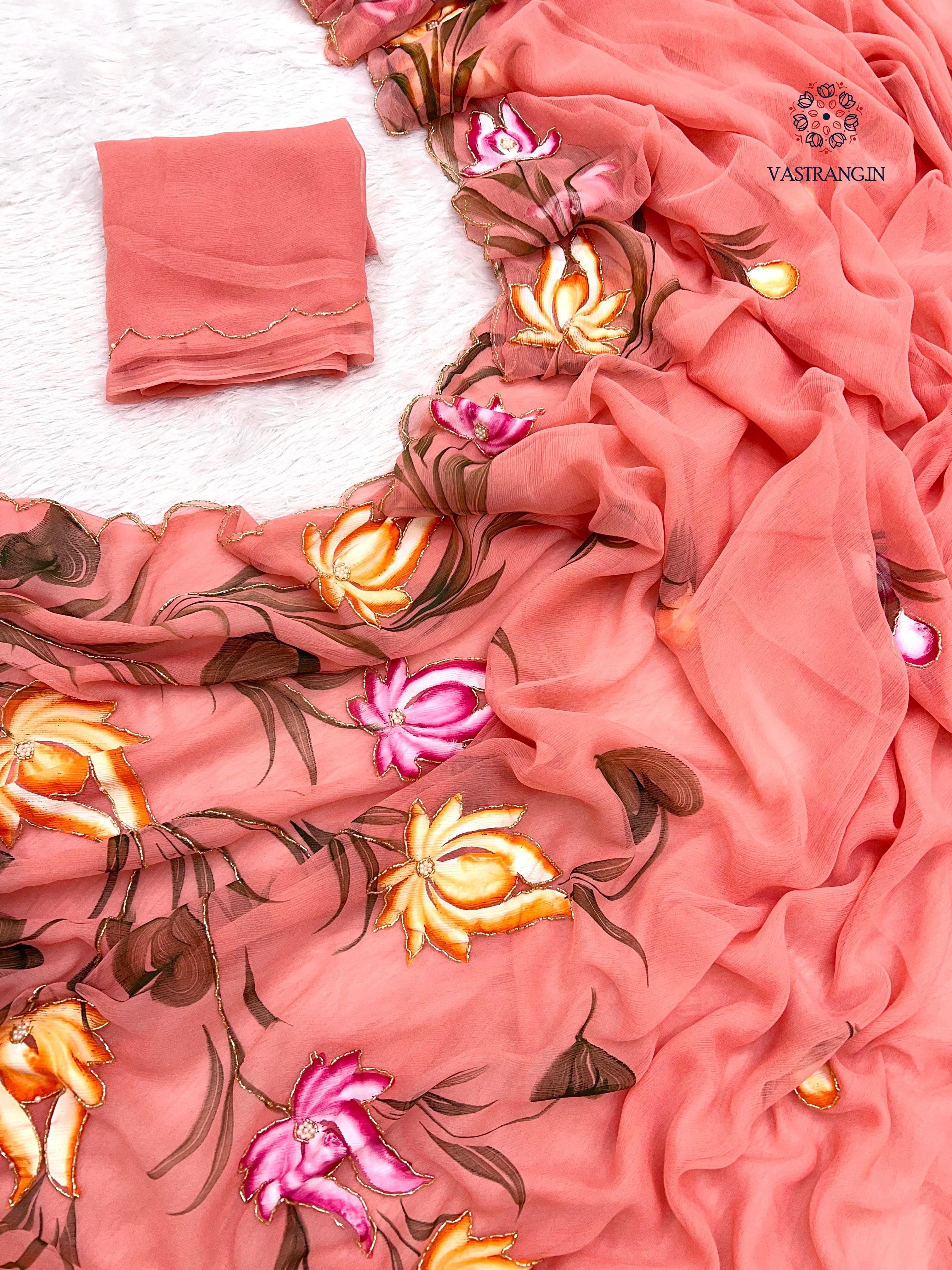 New Wedding Wear Soft Chiffon Handbrush Print n Handwork Fancy Designer Saree With Blouse