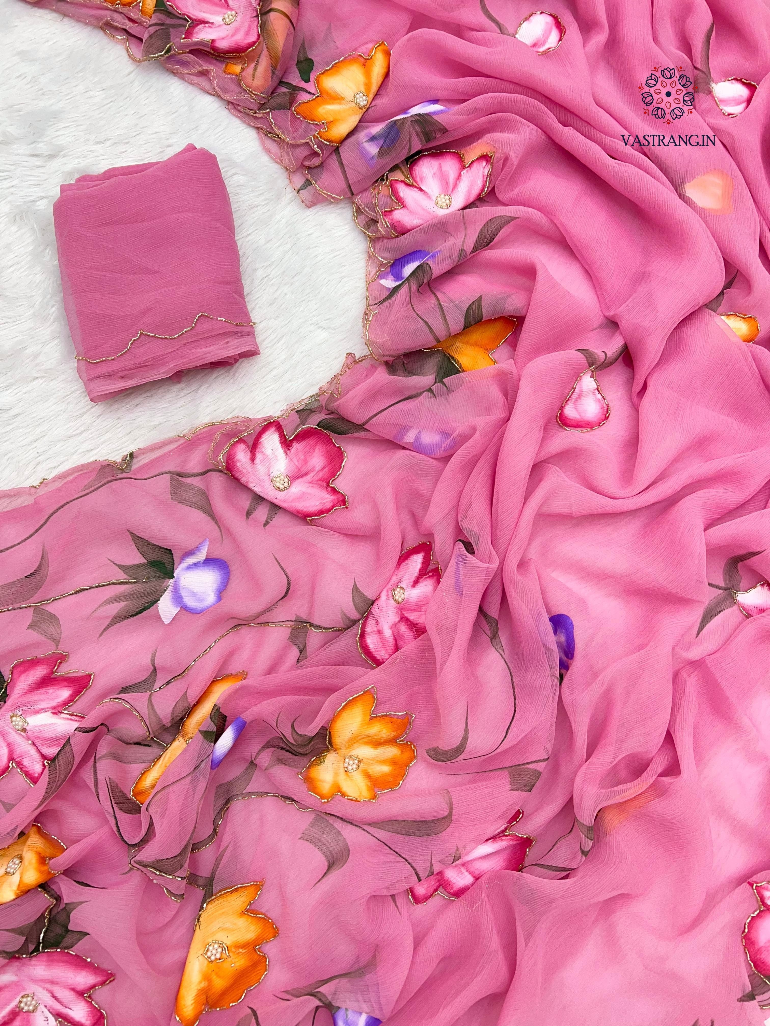 New Wedding Wear Soft Chiffon Handbrush Print n Handwork Fancy Designer Saree With Blouse