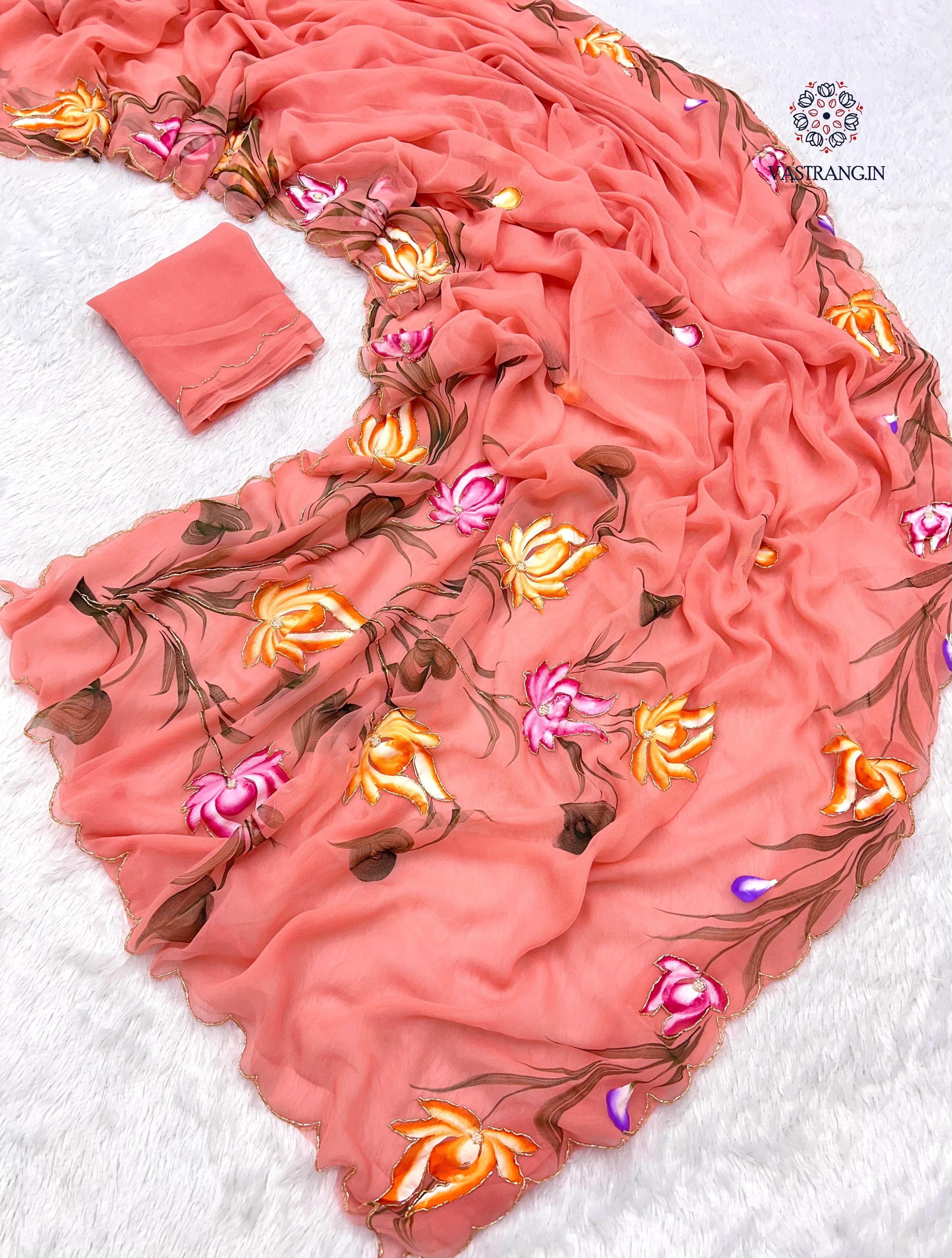 New Wedding Wear Soft Chiffon Handbrush Print n Handwork Fancy Designer Saree With Blouse