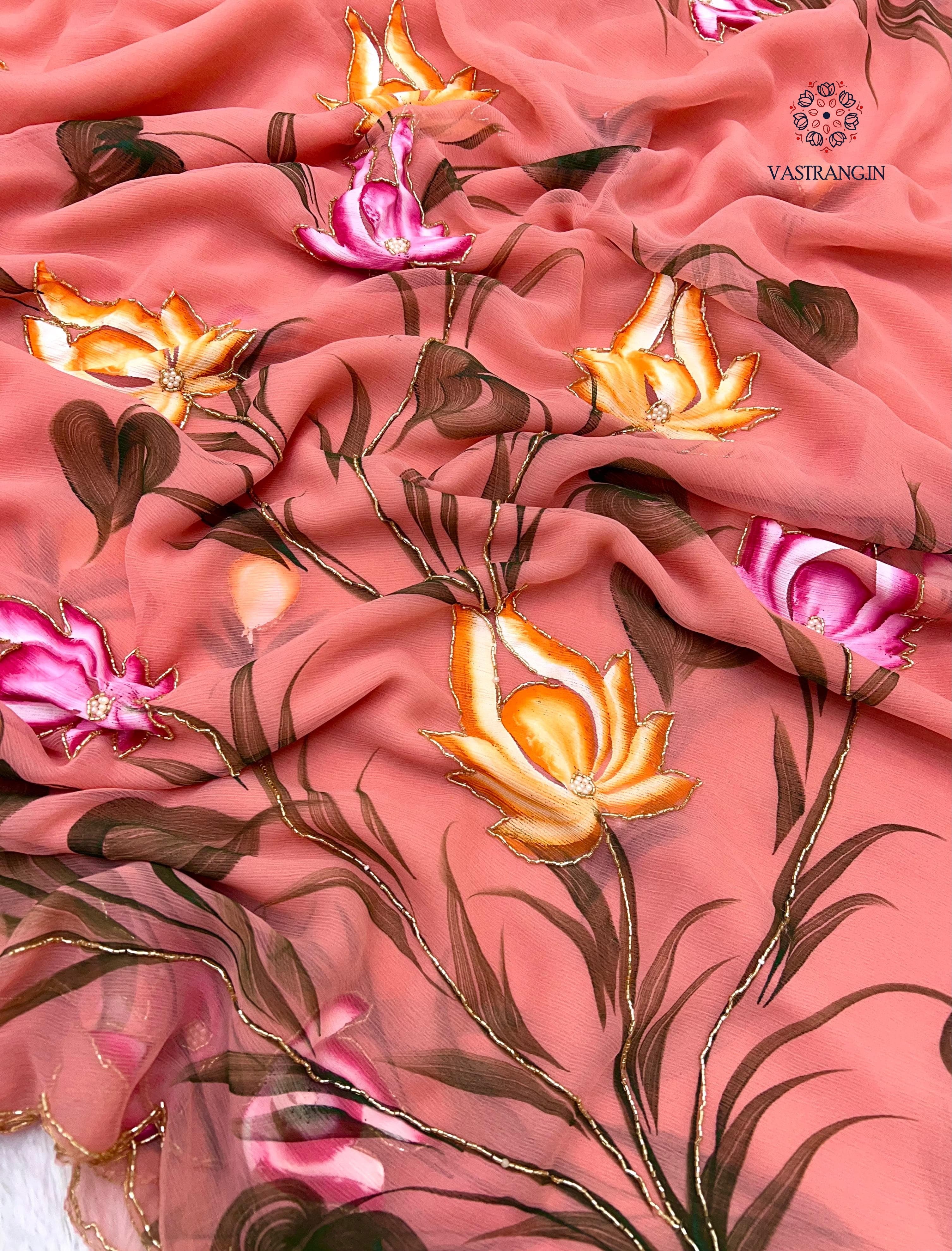 New Wedding Wear Soft Chiffon Handbrush Print n Handwork Fancy Designer Saree With Blouse