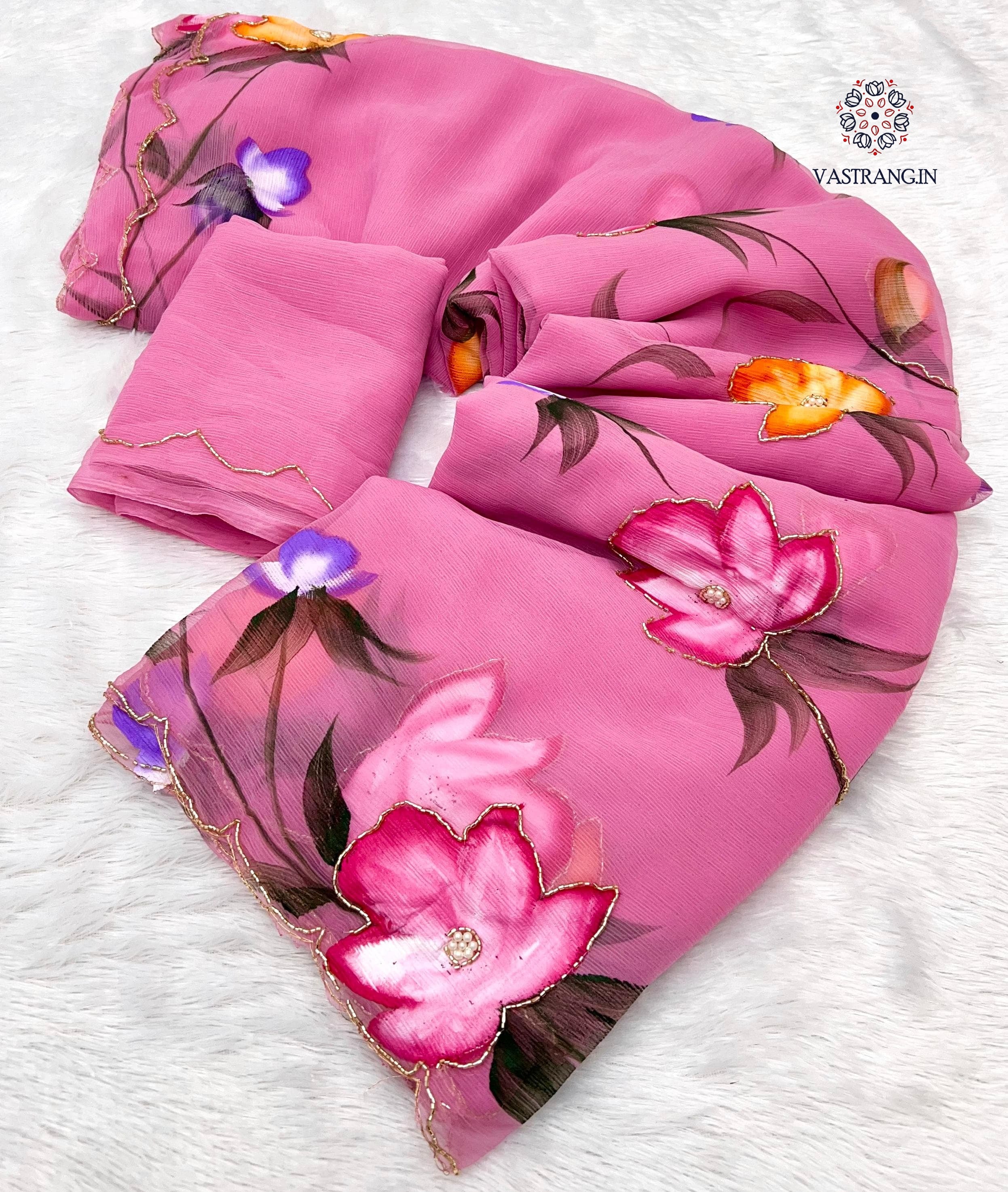 New Wedding Wear Soft Chiffon Handbrush Print n Handwork Fancy Designer Saree With Blouse