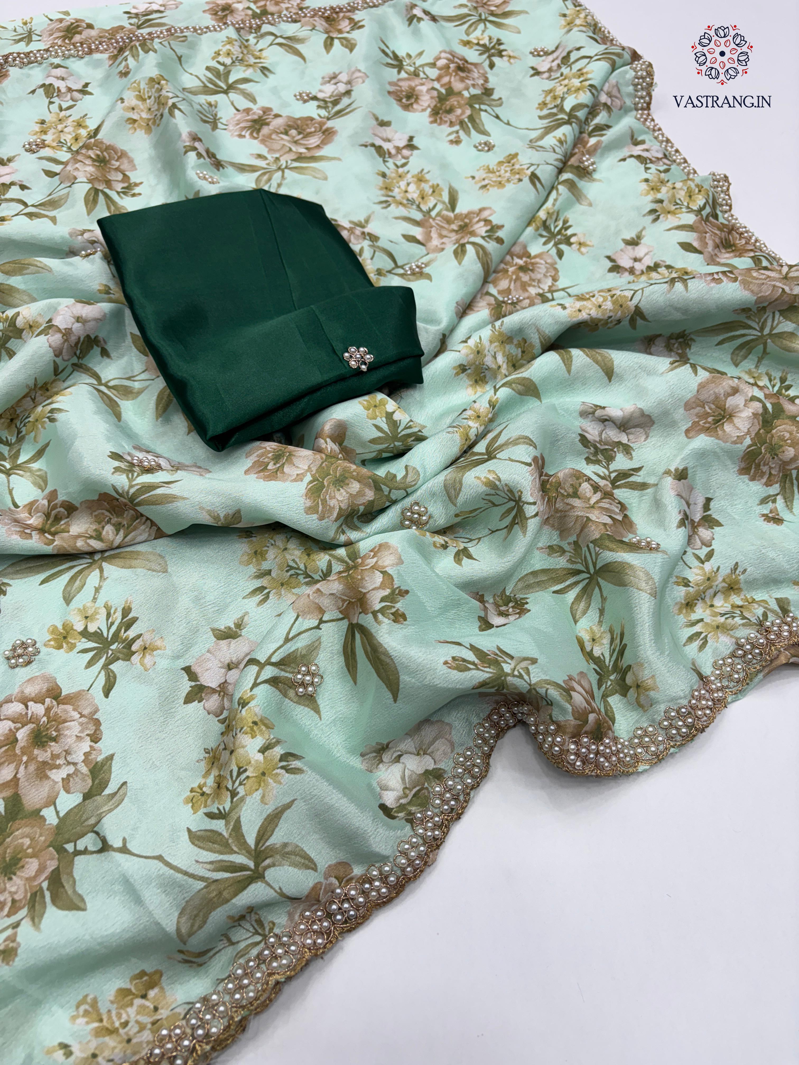 New Wedding Wear Pure Chinnon Silk Print Embroidery n Diamond Work Fancy Designer Saree