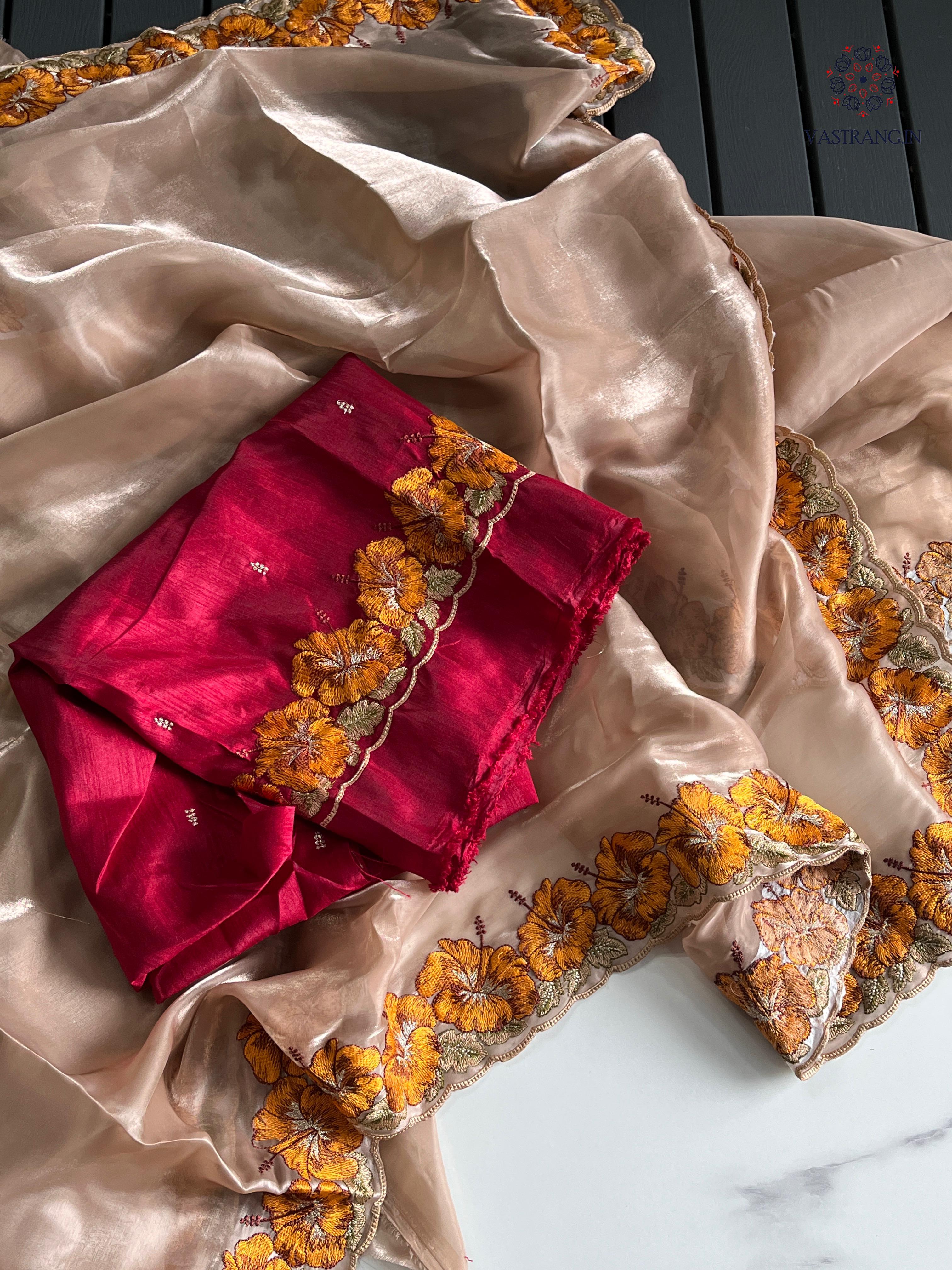 Eloquence Golden Color Pure Satin Chiffon Thread Embroidered Work Designer Saree With Fancifull Blouse Piece