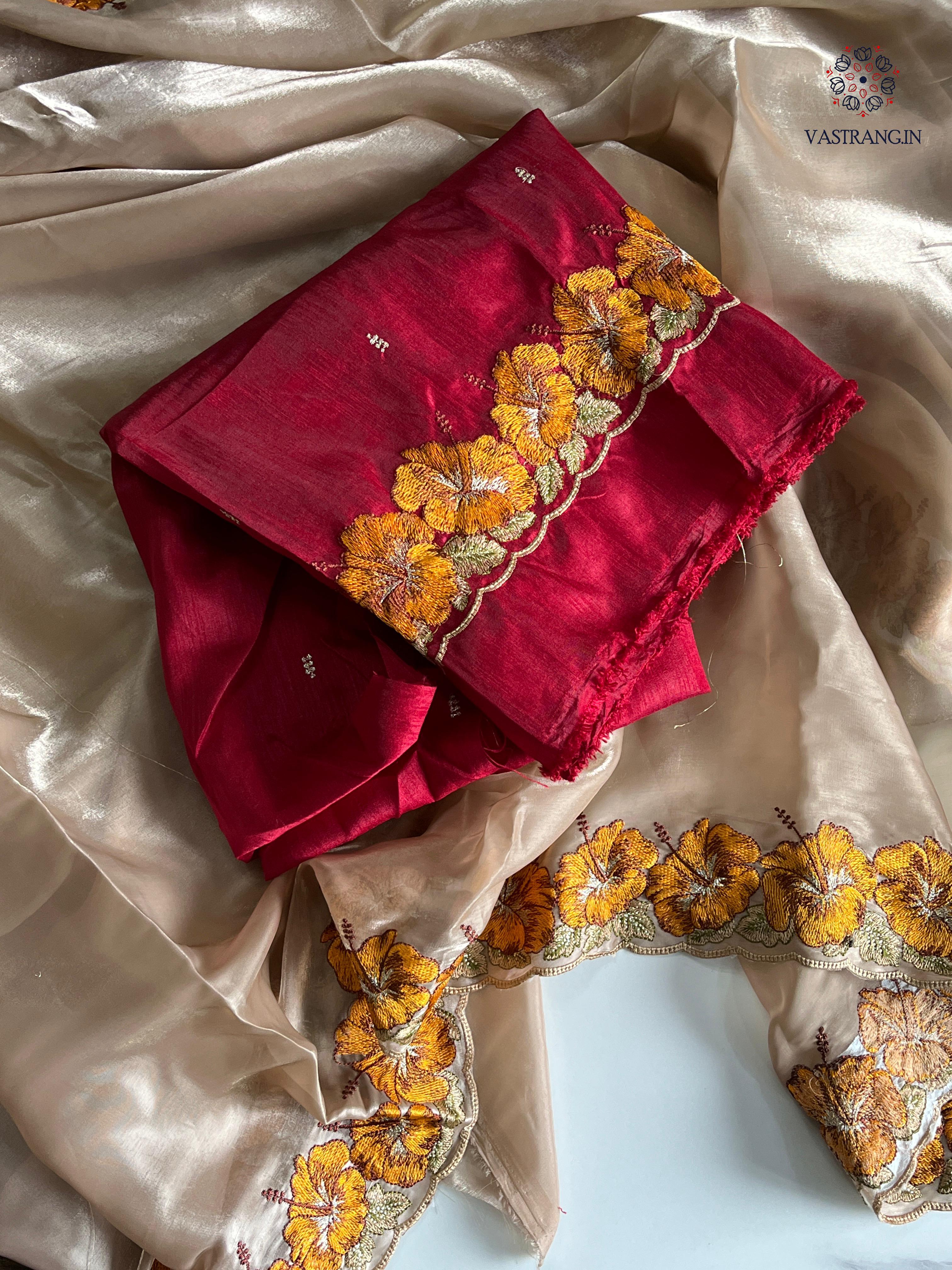 Eloquence Golden Color Pure Satin Chiffon Thread Embroidered Work Designer Saree With Fancifull Blouse Piece