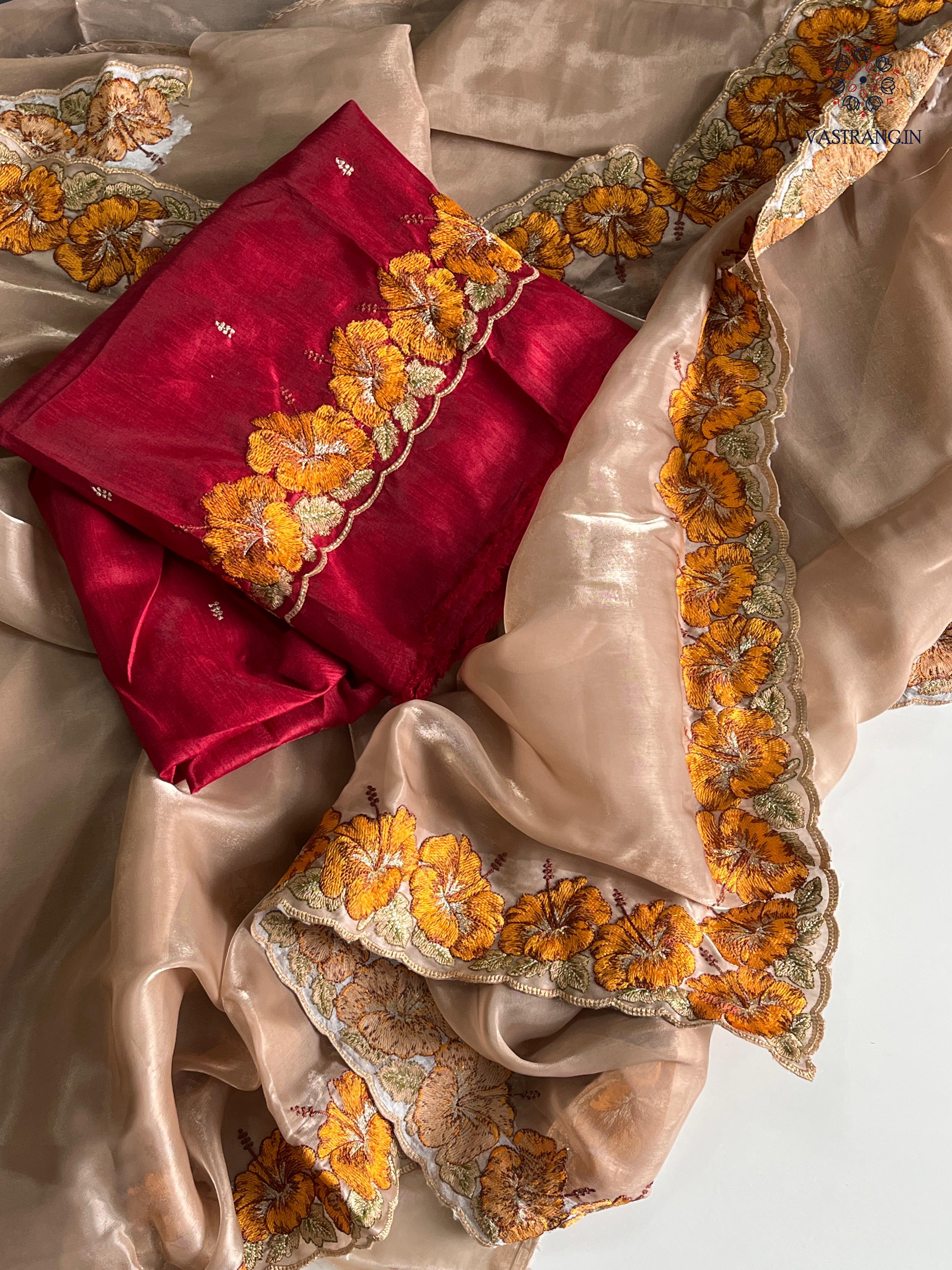 Eloquence Golden Color Pure Satin Chiffon Thread Embroidered Work Designer Saree With Fancifull Blouse Piece