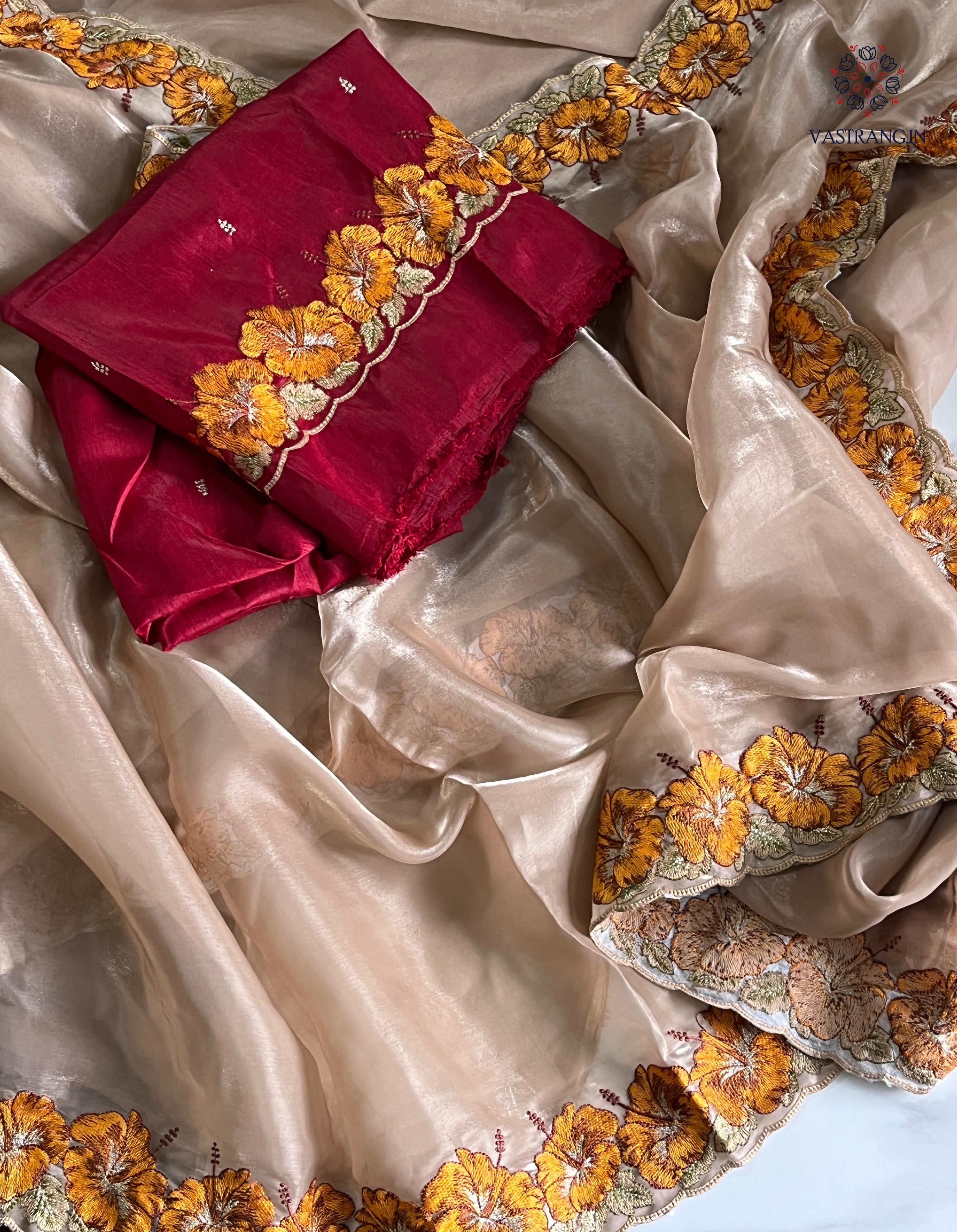 Eloquence Golden Color Pure Satin Chiffon Thread Embroidered Work Designer Saree With Fancifull Blouse Piece