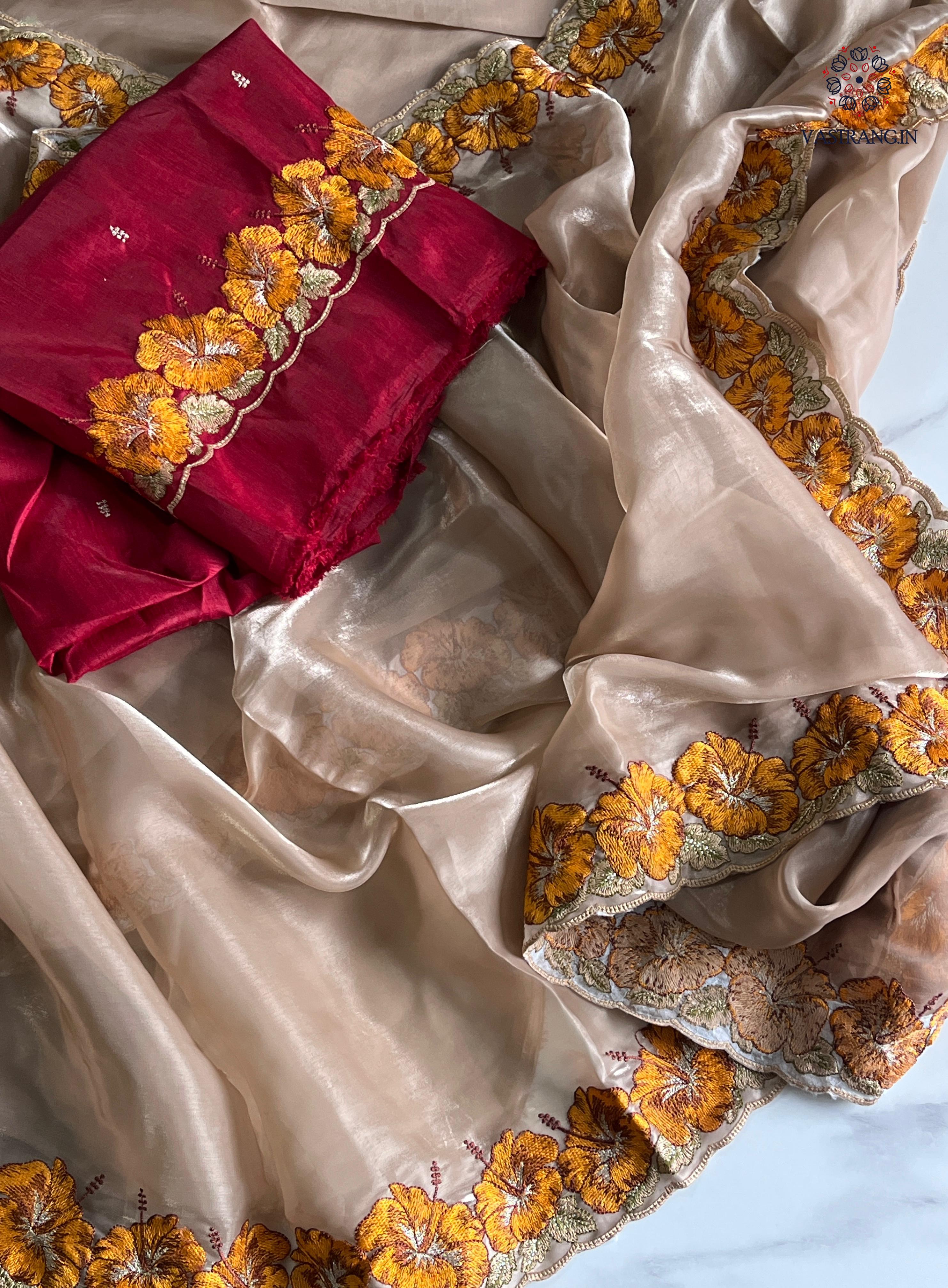 Eloquence Golden Color Pure Satin Chiffon Thread Embroidered Work Designer Saree With Fancifull Blouse Piece