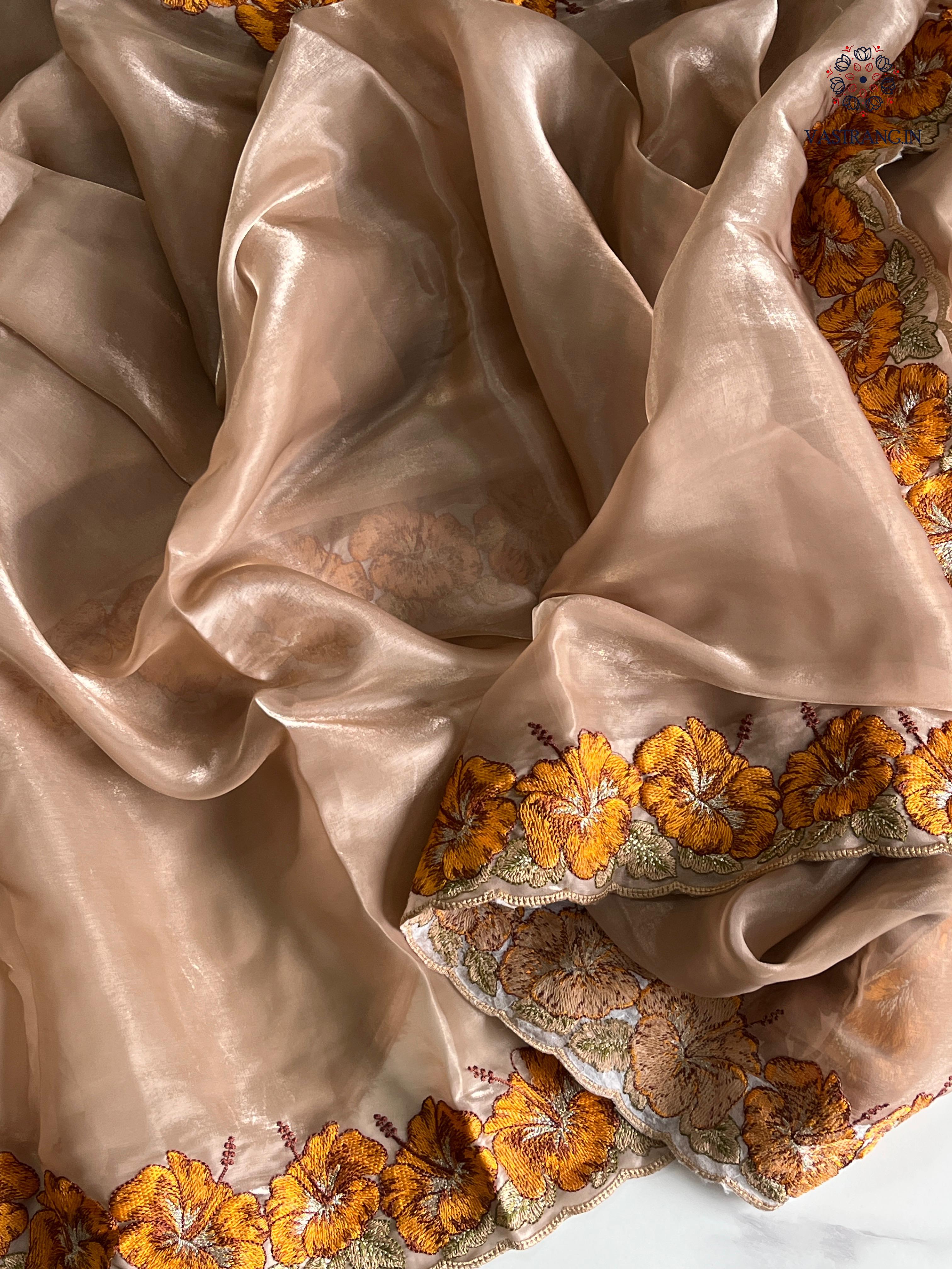 Eloquence Golden Color Pure Satin Chiffon Thread Embroidered Work Designer Saree With Fancifull Blouse Piece