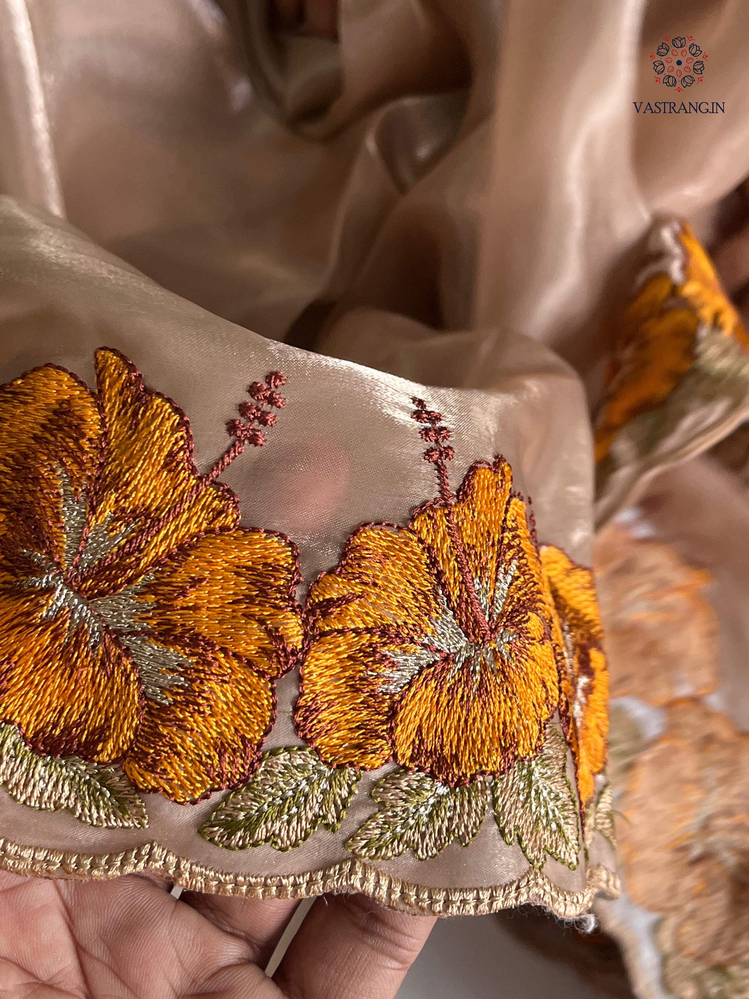 Eloquence Golden Color Pure Satin Chiffon Thread Embroidered Work Designer Saree With Fancifull Blouse Piece