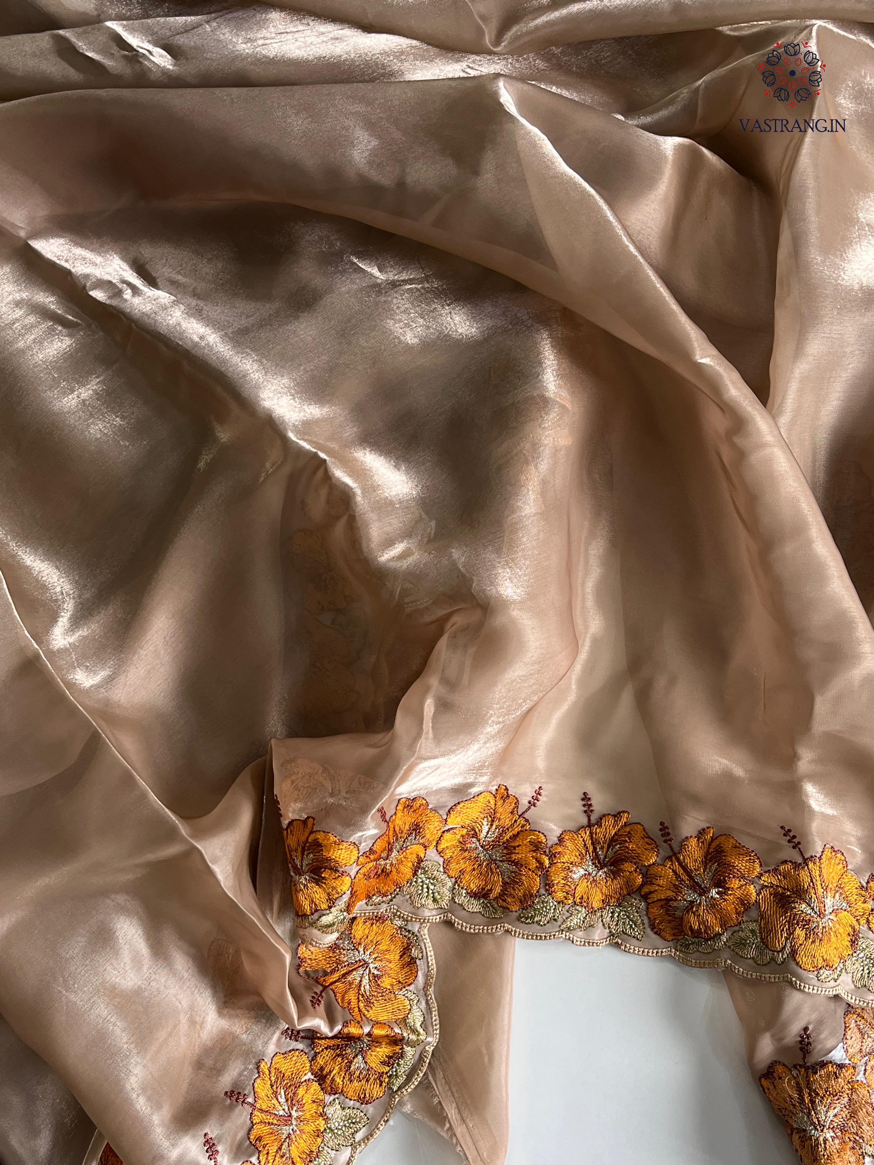 Eloquence Golden Color Pure Satin Chiffon Thread Embroidered Work Designer Saree With Fancifull Blouse Piece