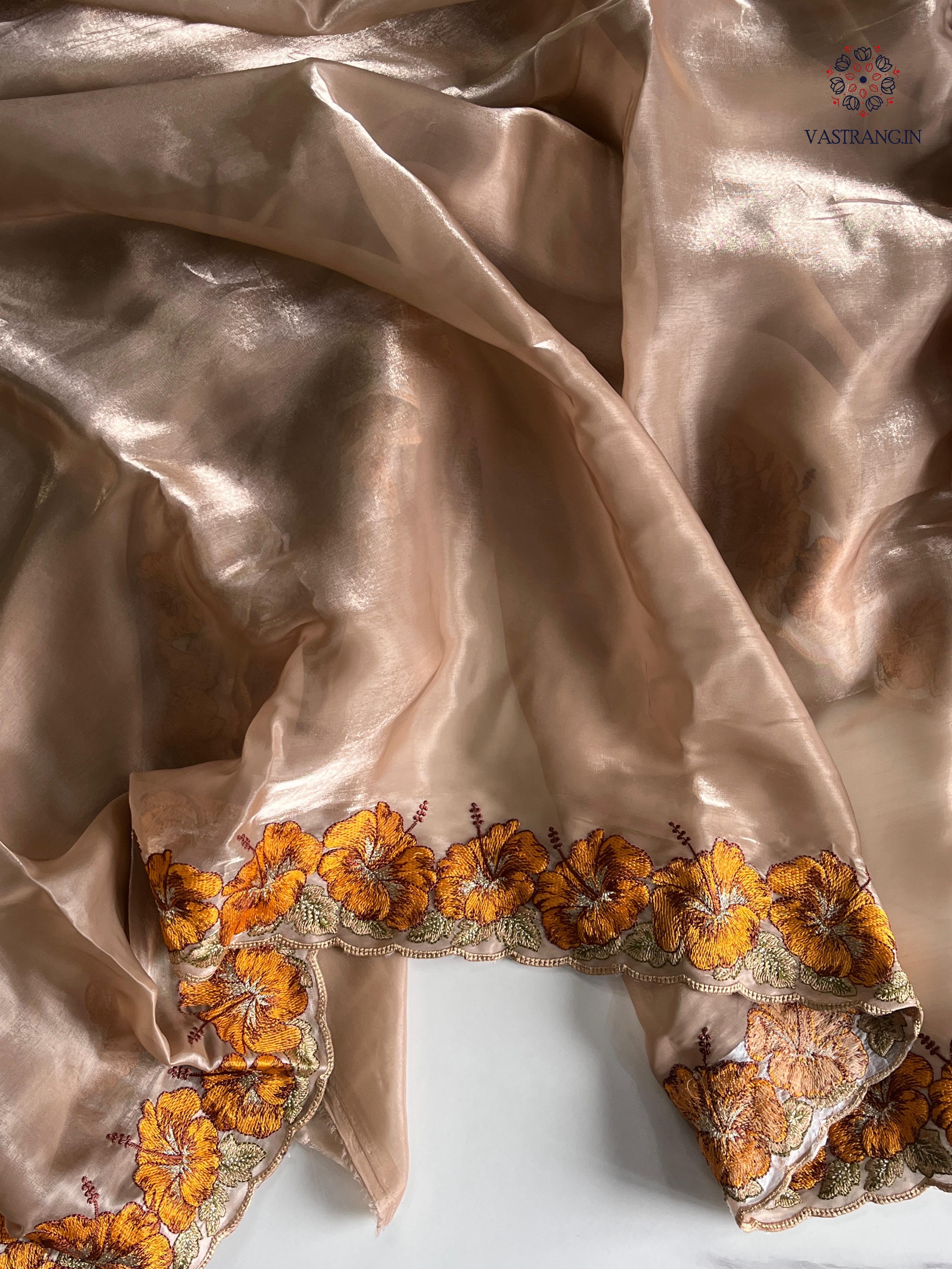 Eloquence Golden Color Pure Satin Chiffon Thread Embroidered Work Designer Saree With Fancifull Blouse Piece