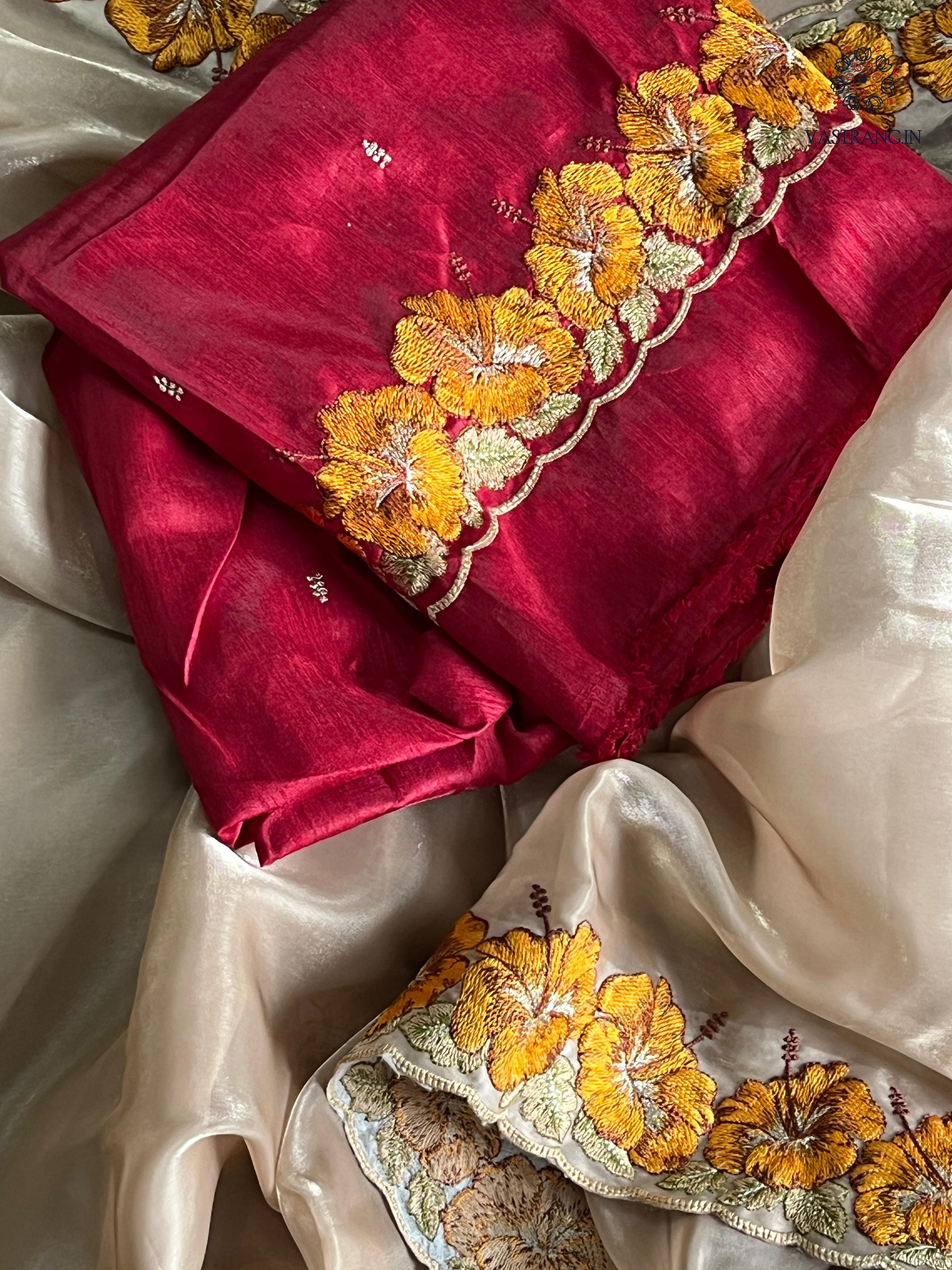 Eloquence Golden Color Pure Satin Chiffon Thread Embroidered Work Designer Saree With Fancifull Blouse Piece