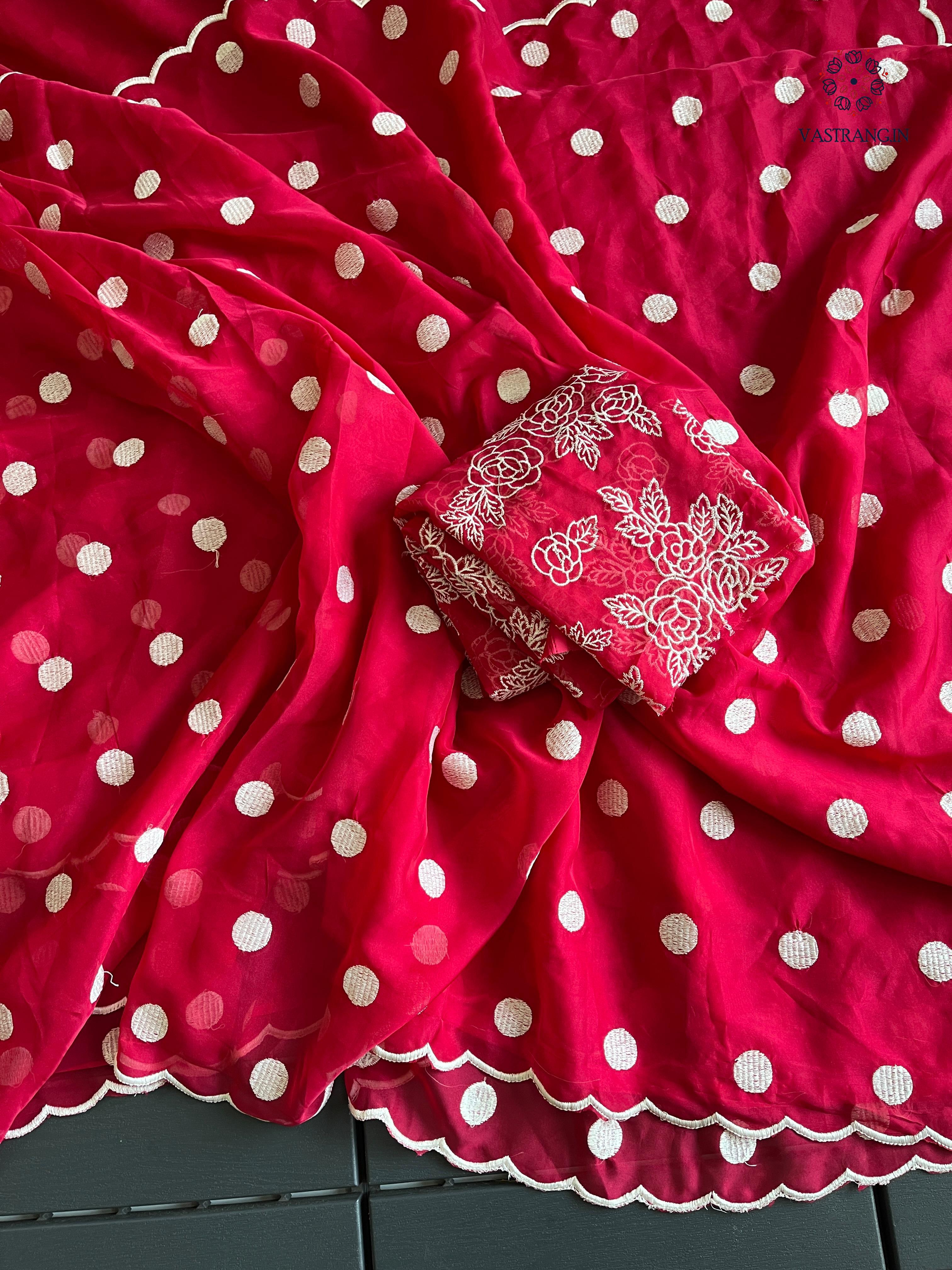 Charming Party Wear Tabi Silk Embroidery Work N Polka Butties Saree With Blouse For Wedding