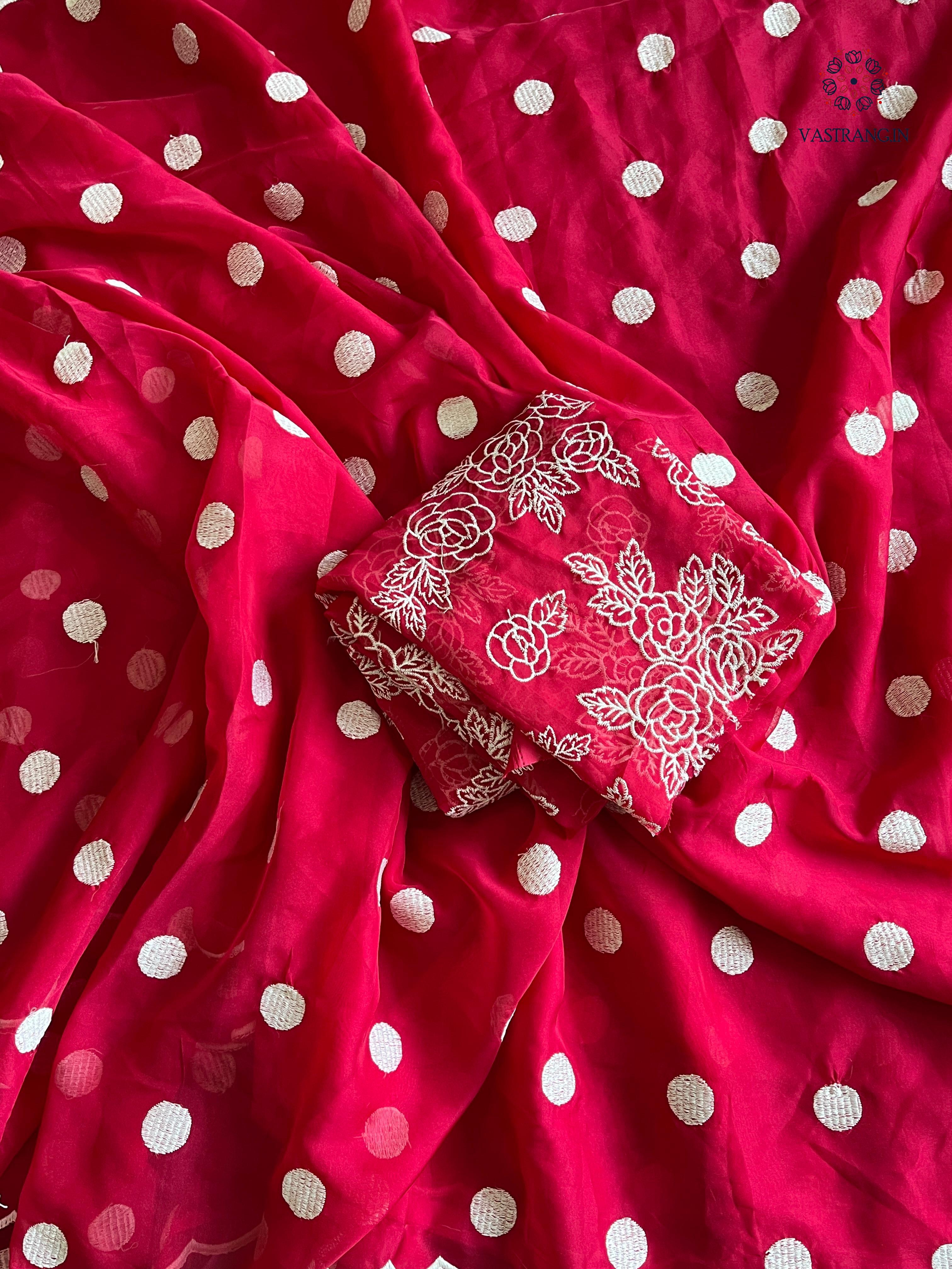 Charming Party Wear Tabi Silk Embroidery Work N Polka Butties Saree With Blouse For Wedding