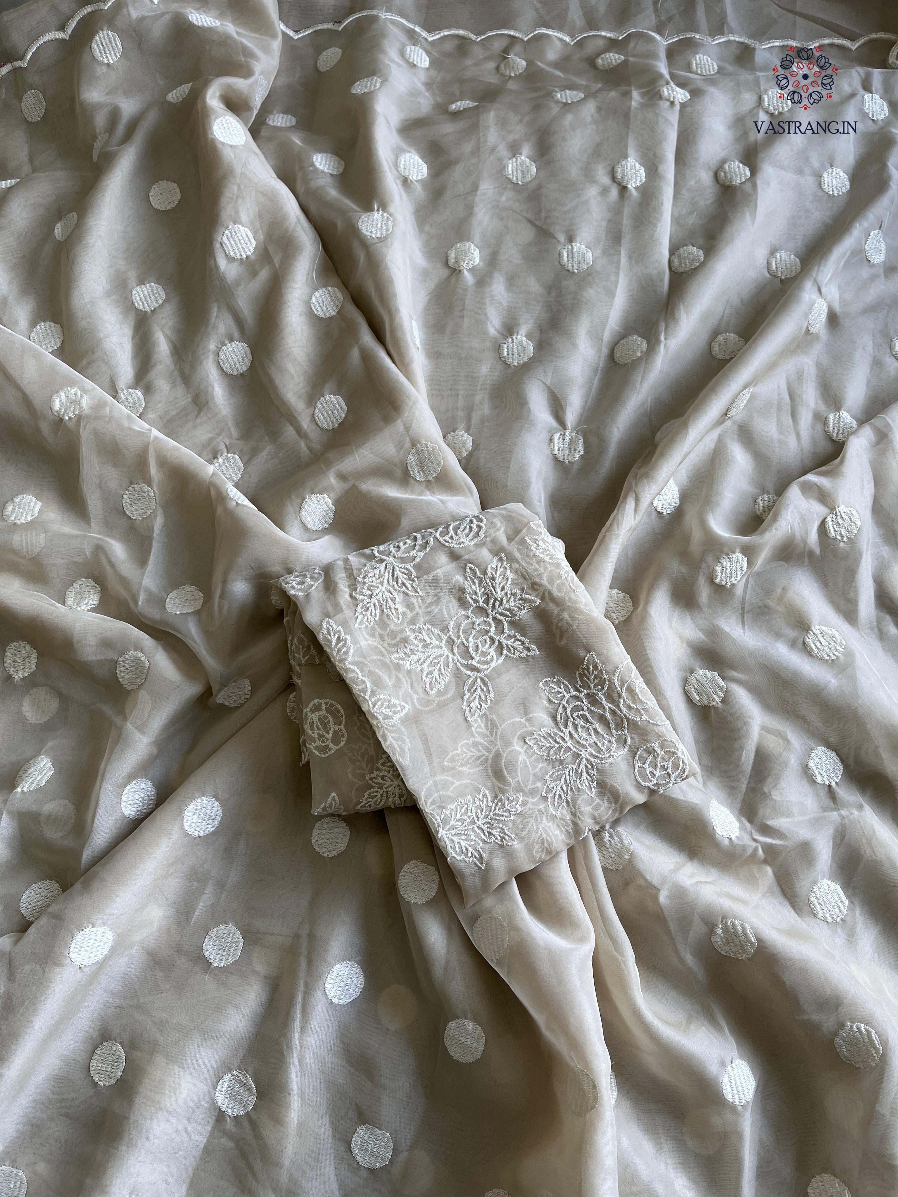 Charming Party Wear Tabi Silk Embroidery Work N Polka Butties Saree With Blouse For Wedding