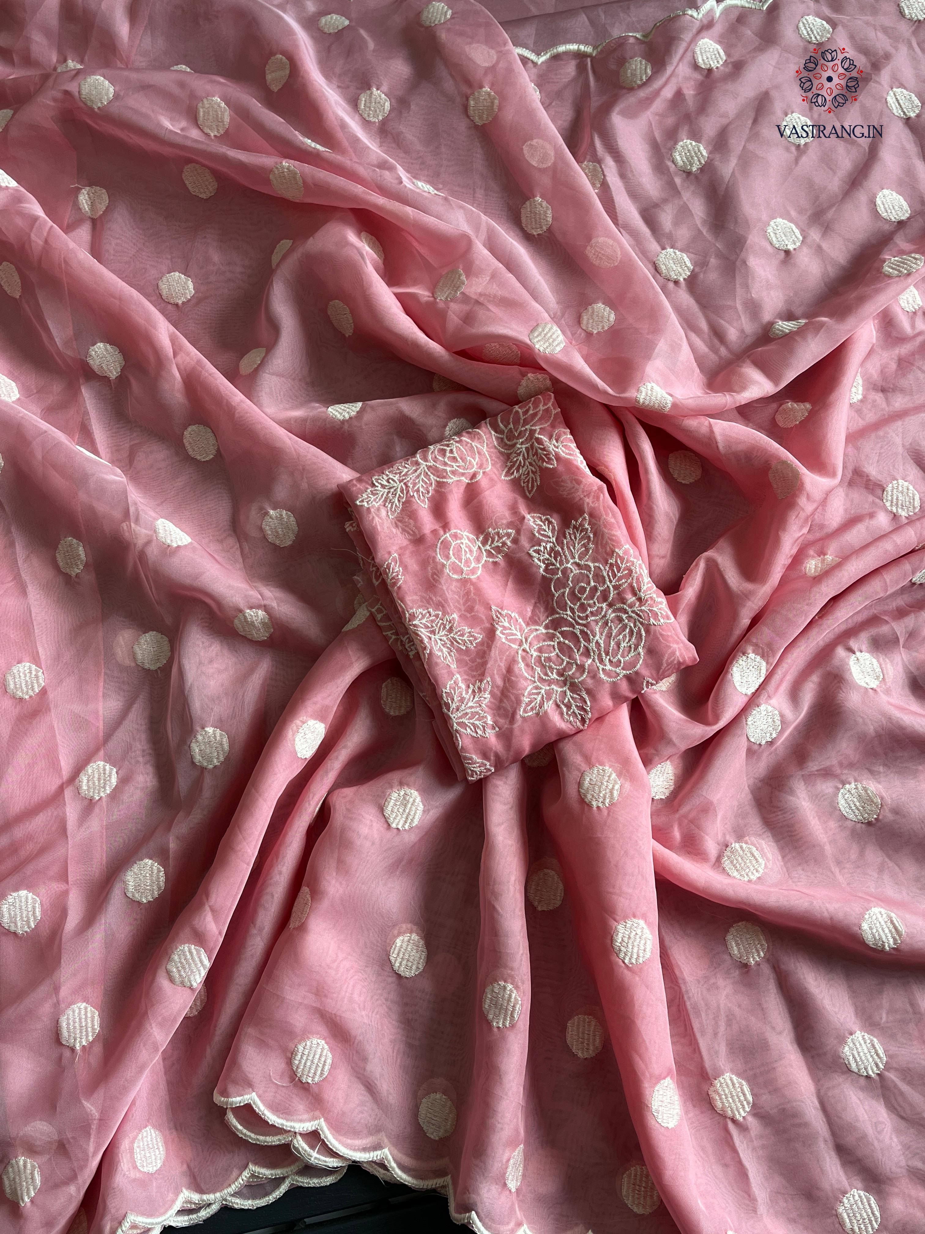 Charming Party Wear Tabi Silk Embroidery Work N Polka Butties Saree With Blouse For Wedding