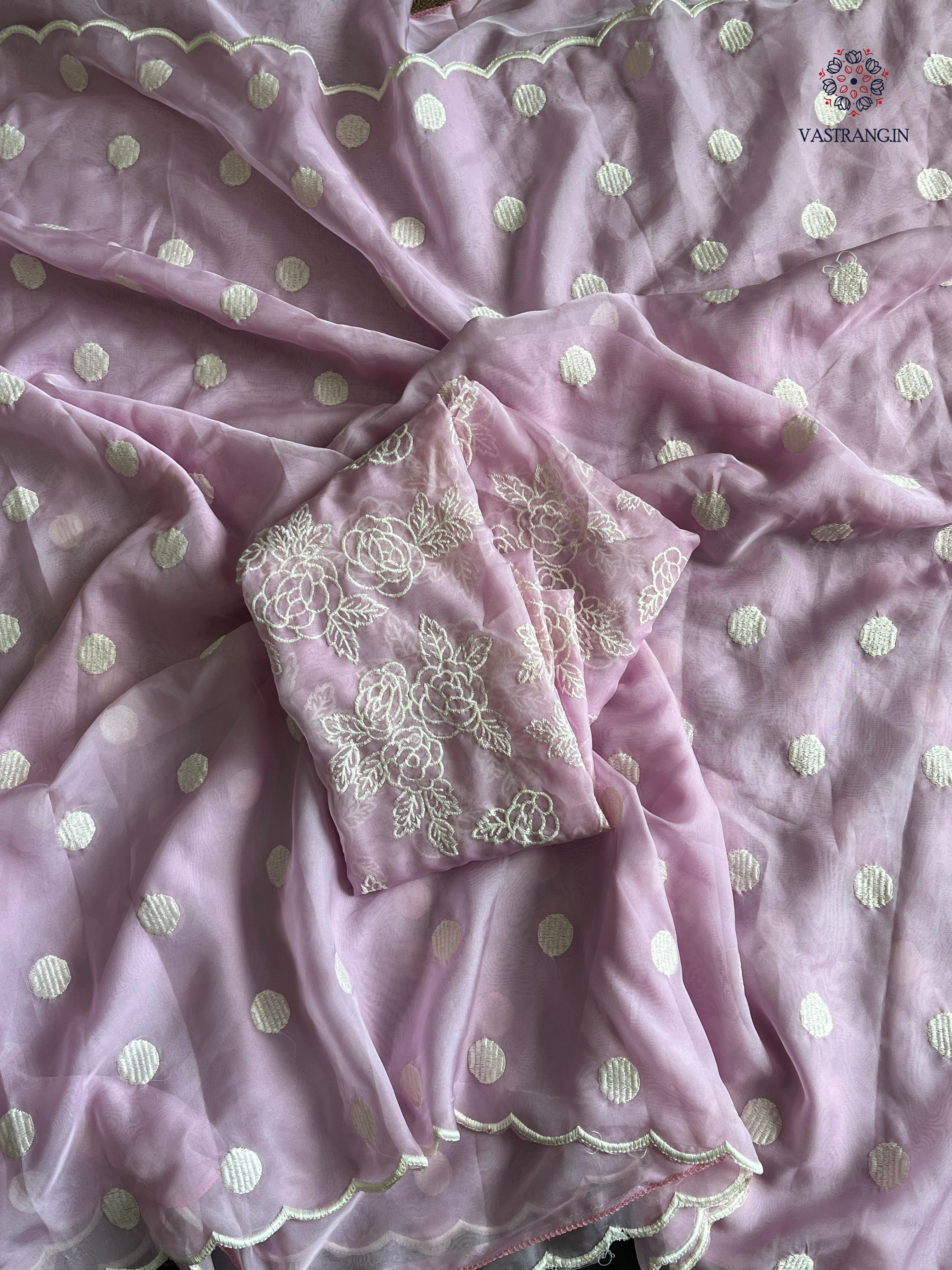 Charming Party Wear Tabi Silk Embroidery Work N Polka Butties Saree With Blouse For Wedding