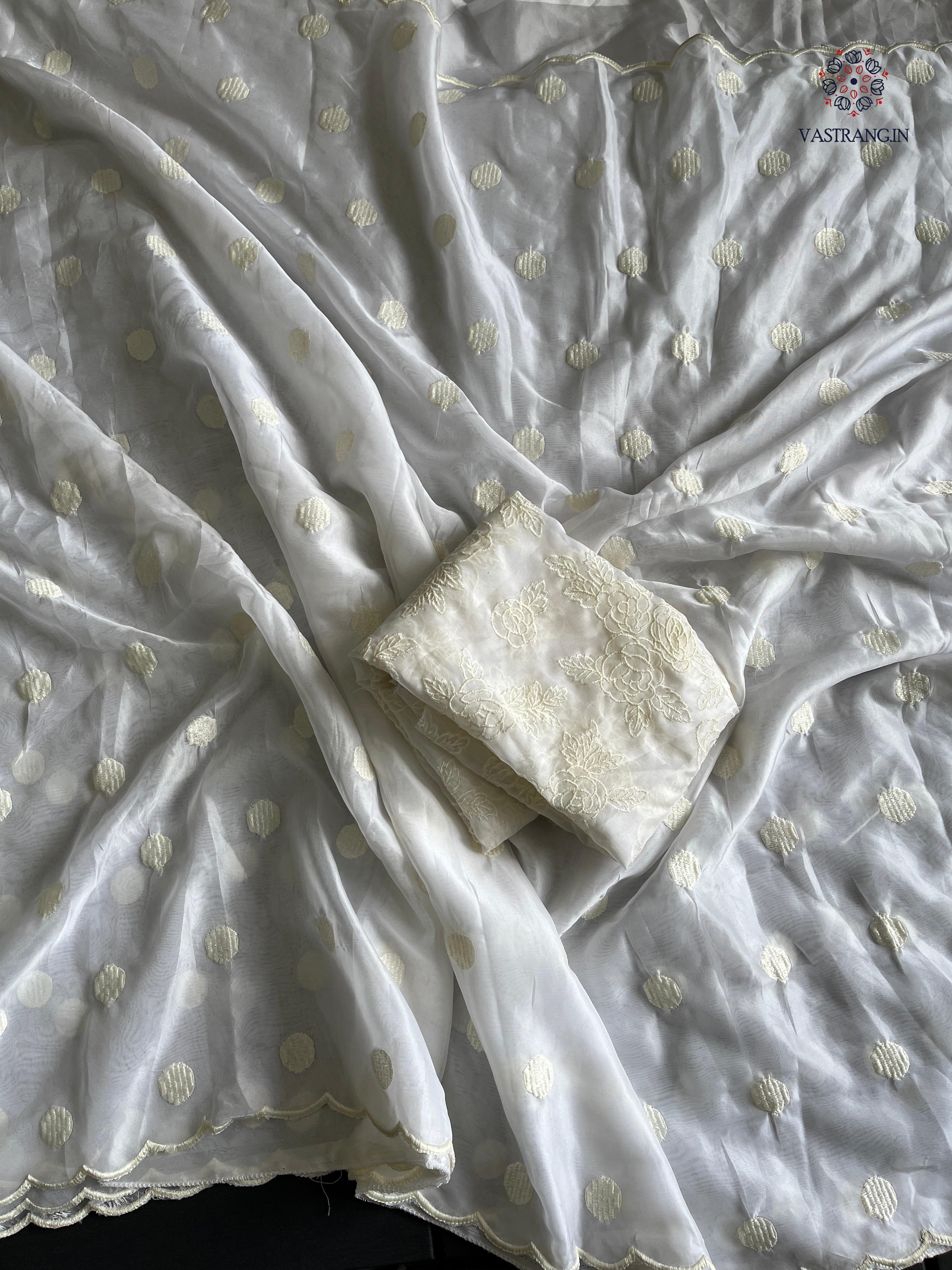 Charming Party Wear Tabi Silk Embroidery Work N Polka Butties Saree With Blouse For Wedding