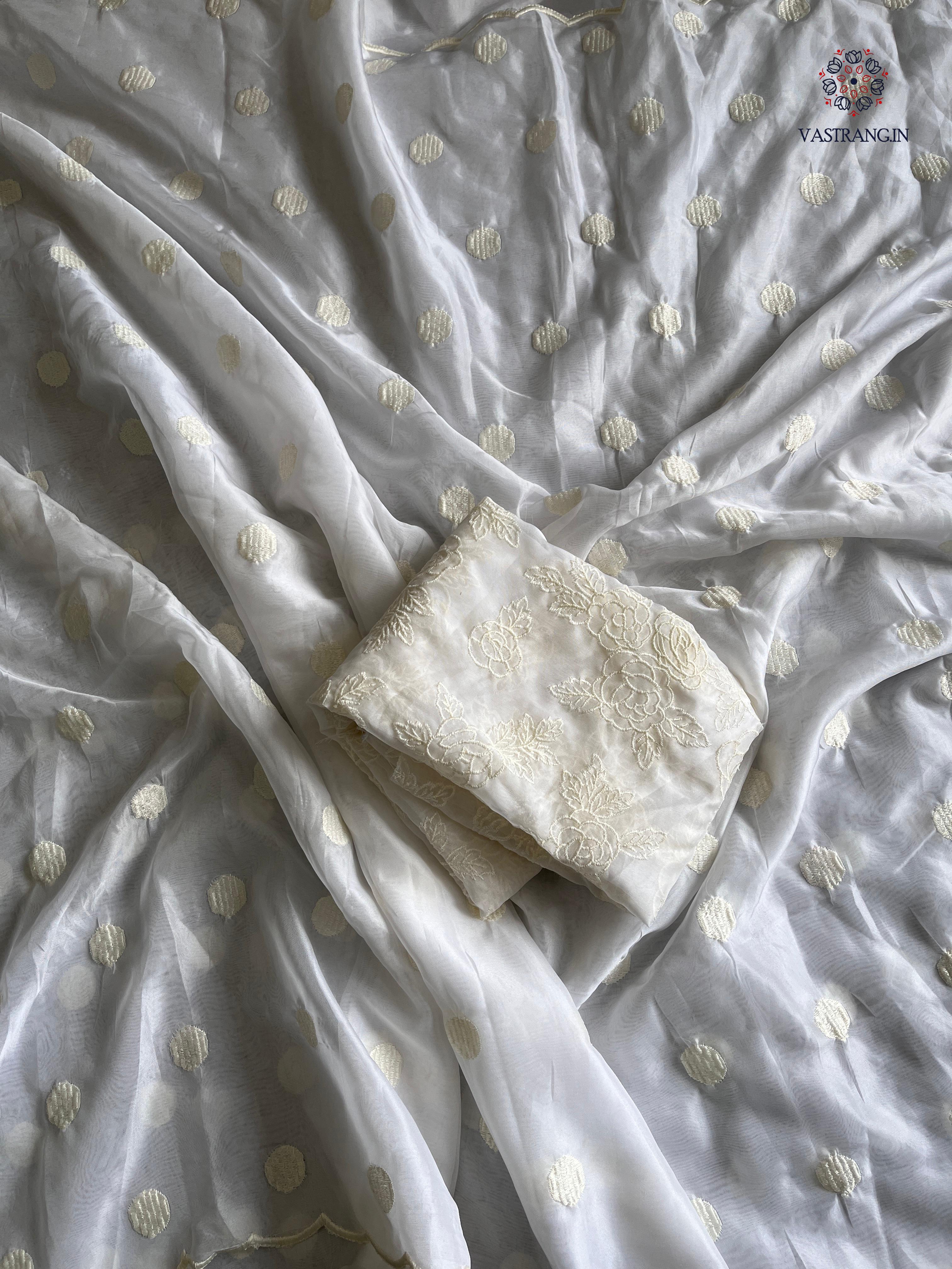 Charming Party Wear Tabi Silk Embroidery Work N Polka Butties Saree With Blouse For Wedding