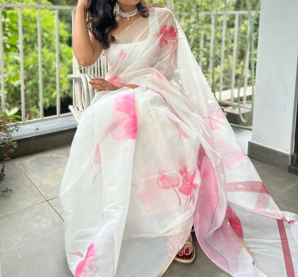 Party wear Organza Silk Floral Print n Foil Work Beautiful Rich Look Saree